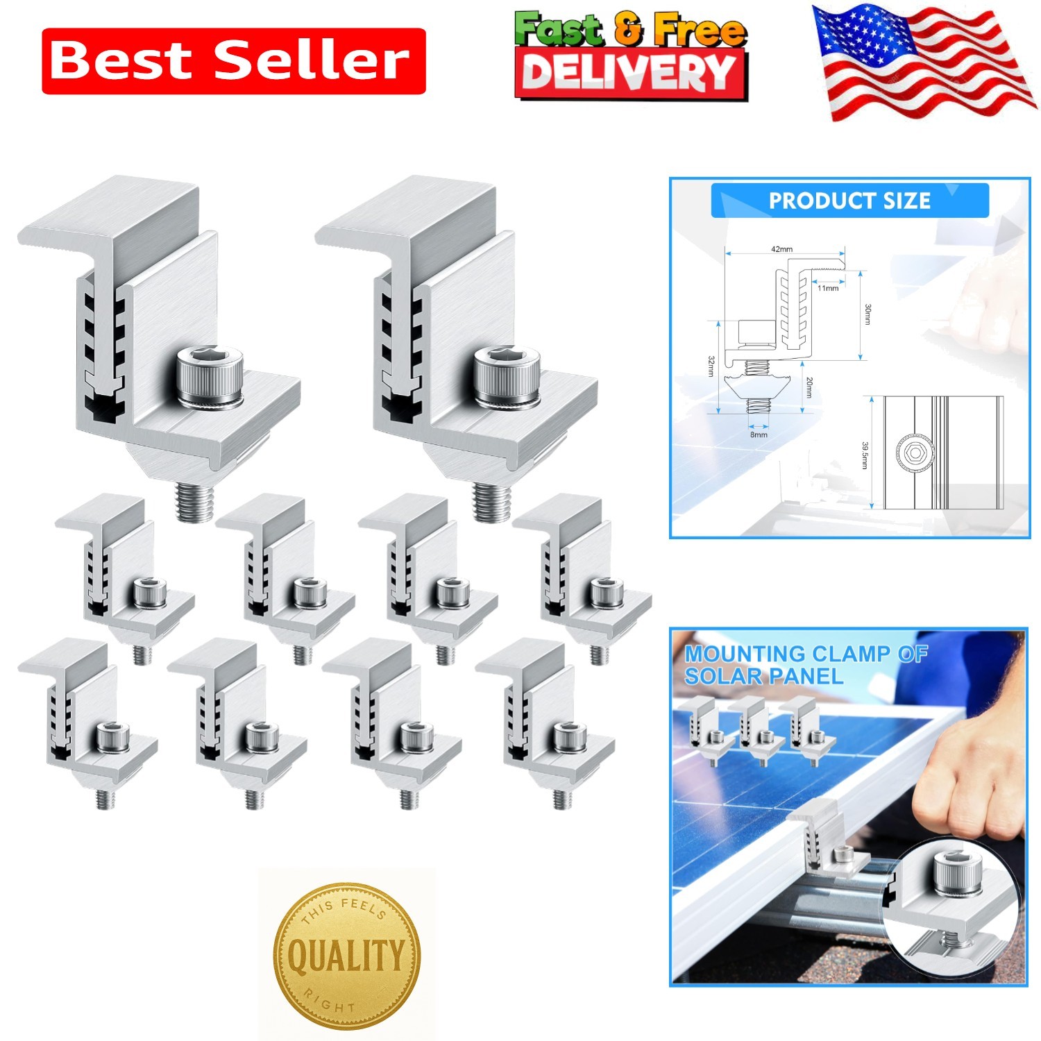 Durable Adjustable End Clamps for Solar Panels – 10-Pack, Lightweight Design