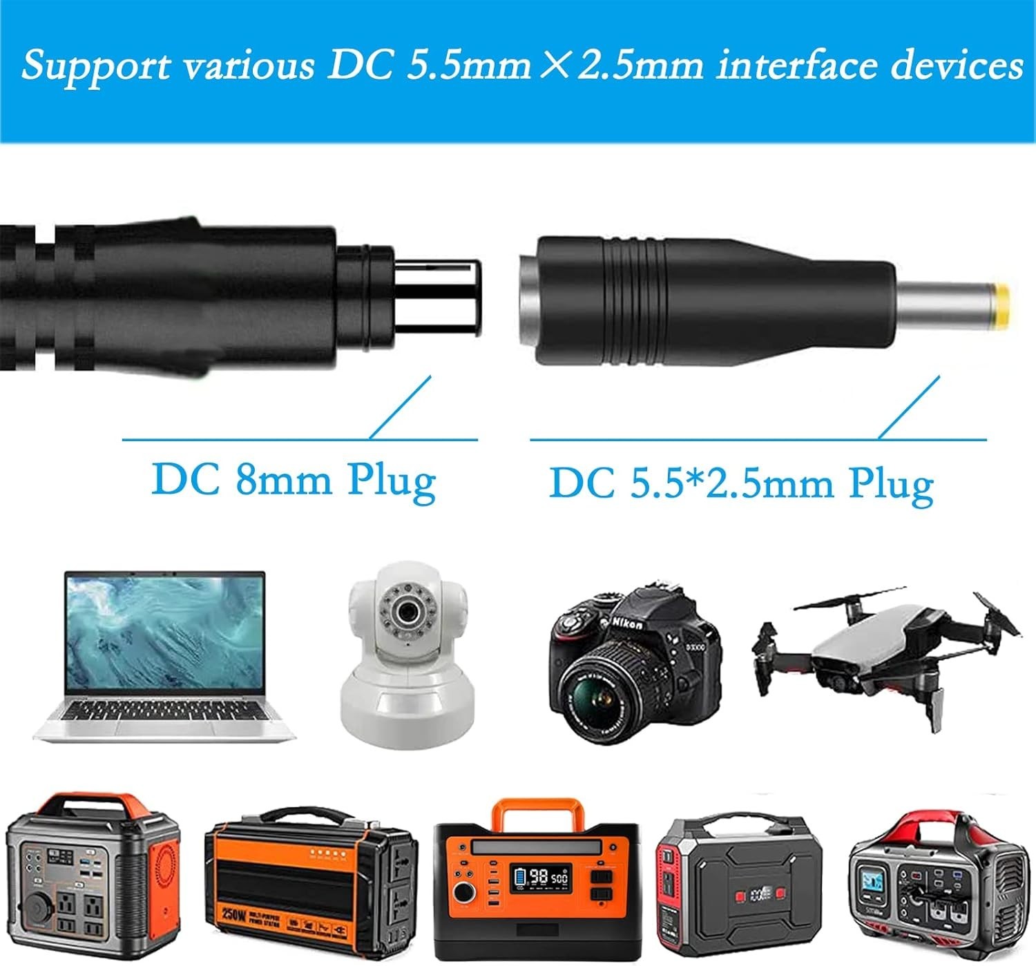 Solar Panel Adapter, DC7909 Female to DC5525 Male Connector, 8mm to 5.5mm, fo…