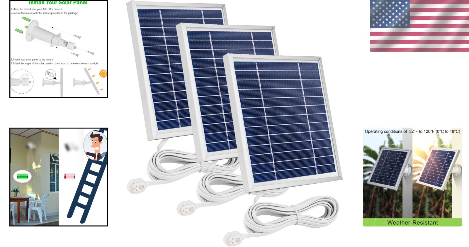 Solar Panel Charger 3 Pack for Arlo Pro Cameras