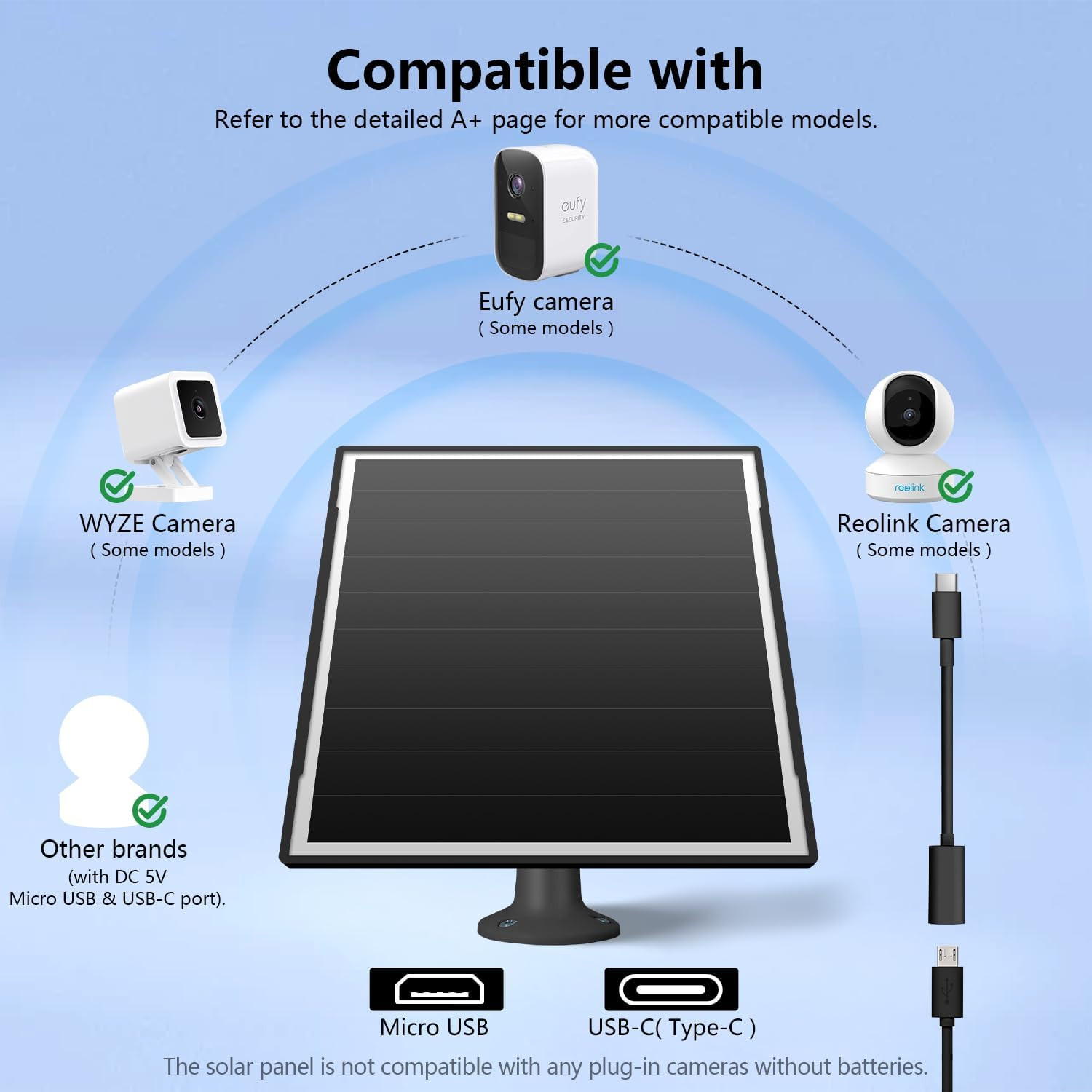 8W Solar Panel for Outdoor Security Camera, 5V Micro USB and USB – C Solar Panel