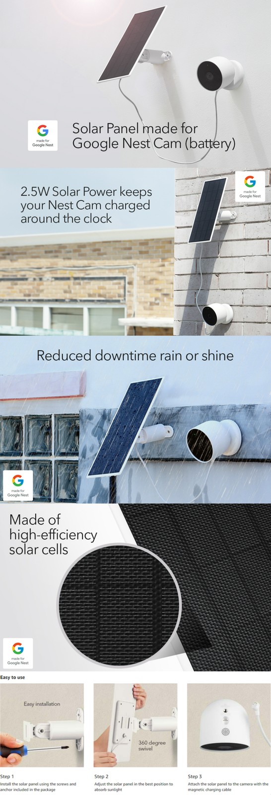 2.5W Solar Panel for Google Nest Cam Outdoor or Indoor, Battery ( 3 Pack)