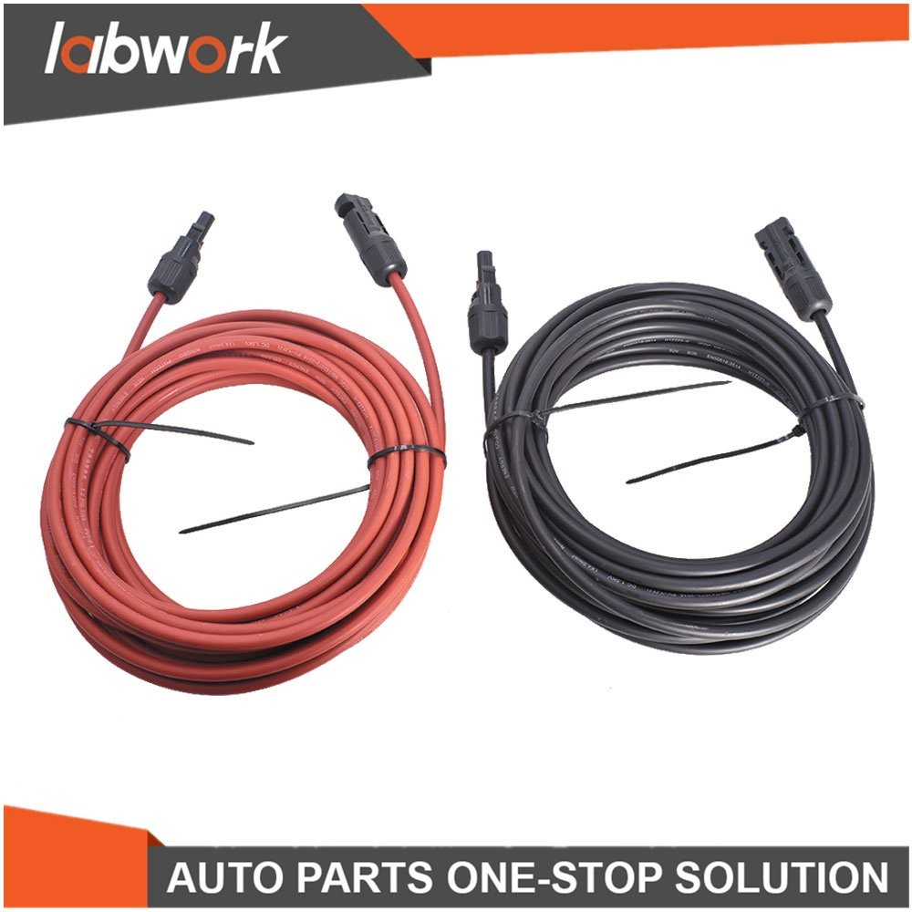 Labwork Solar Panel Extension Cable Wire Connector 1 Pair Black + Red10 AWG 15ft