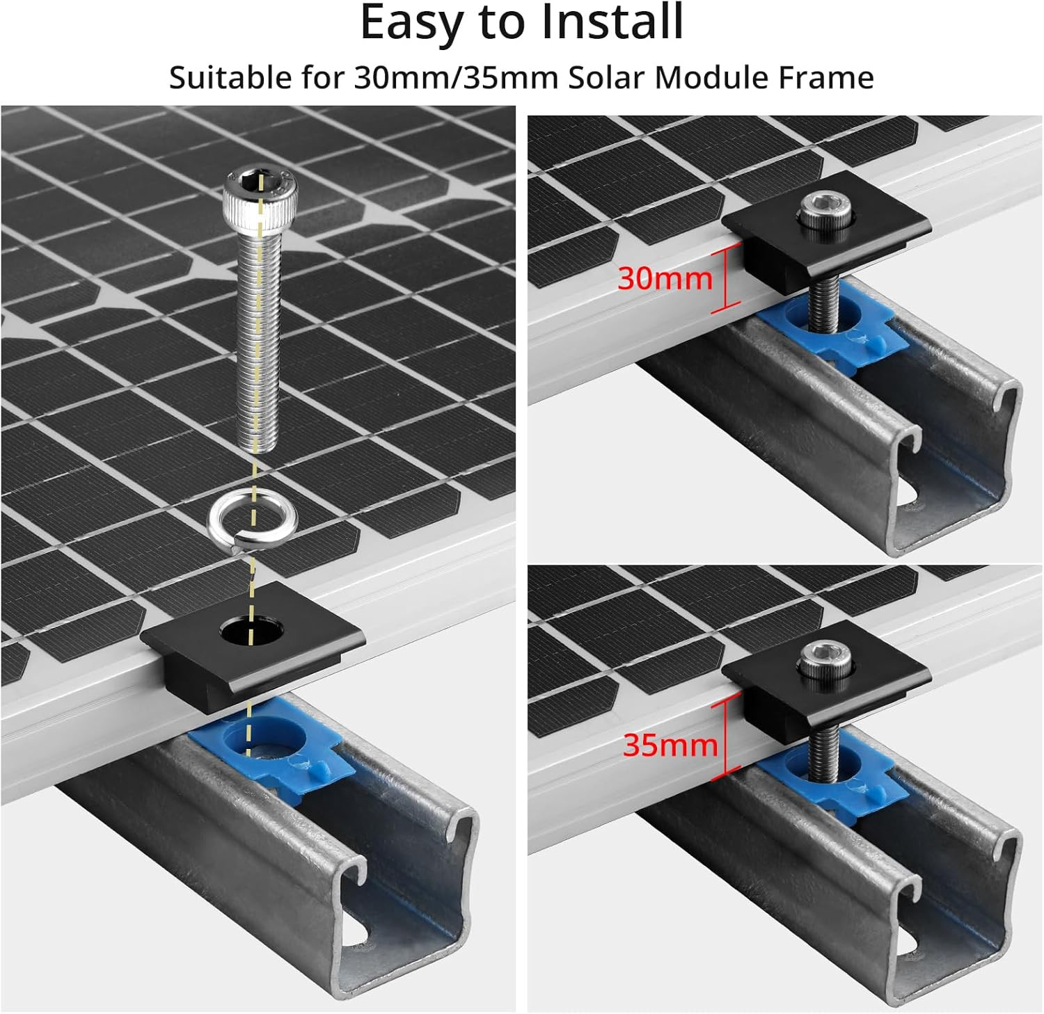 20Pcs Solar Panel Mid Clamps for Unistrut, Metal Roof Mounting Kit, Black