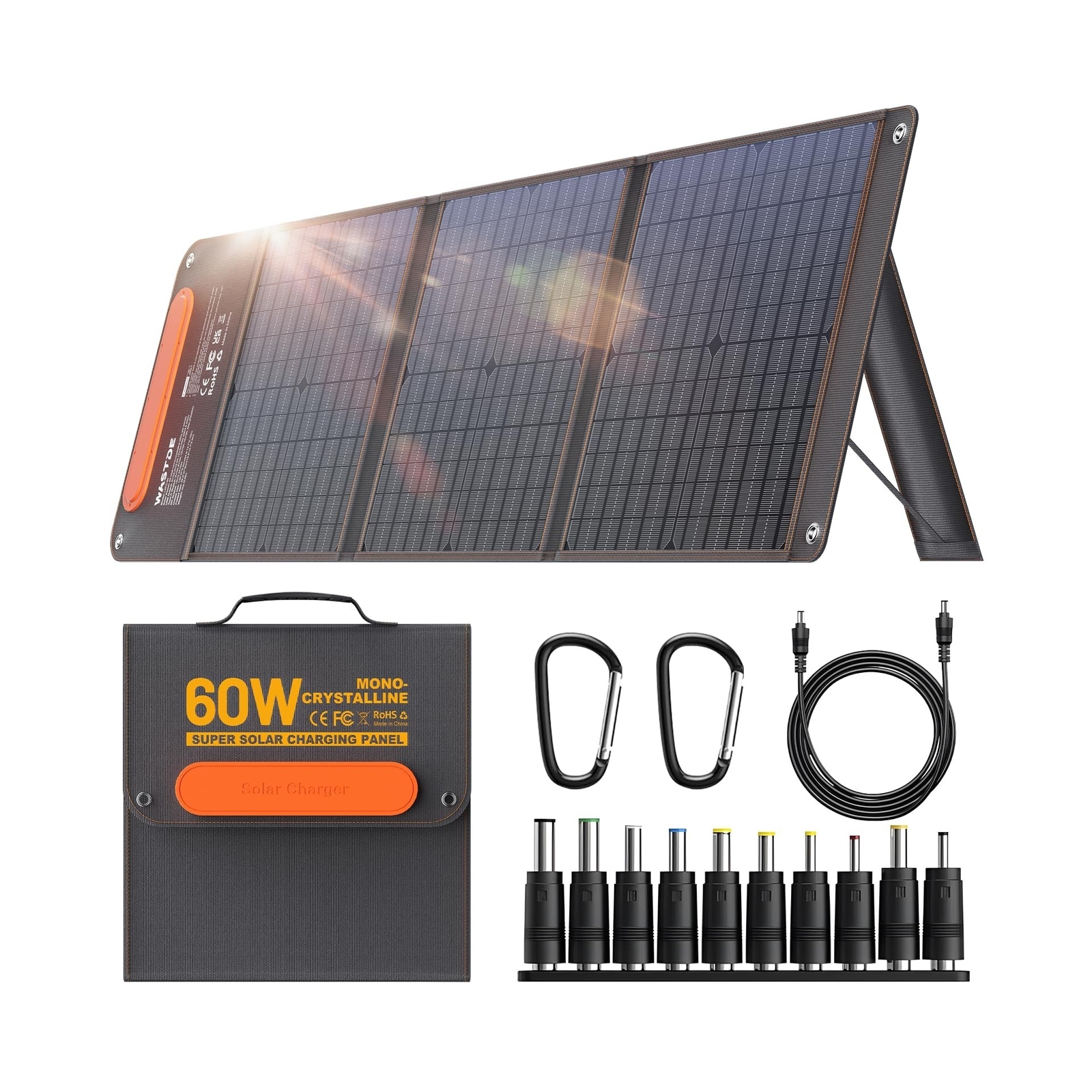 60W Portable Solar Panel Chargers with 15V USB and 18V DC, IP65 Waterproof So…