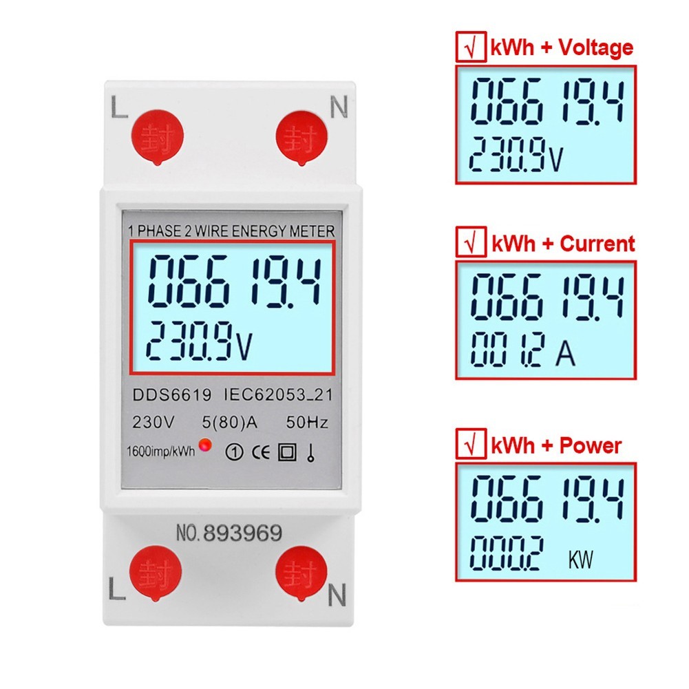 LCD Energy Meter for Din Rail Usage with Voltage Current 80A Monitoring