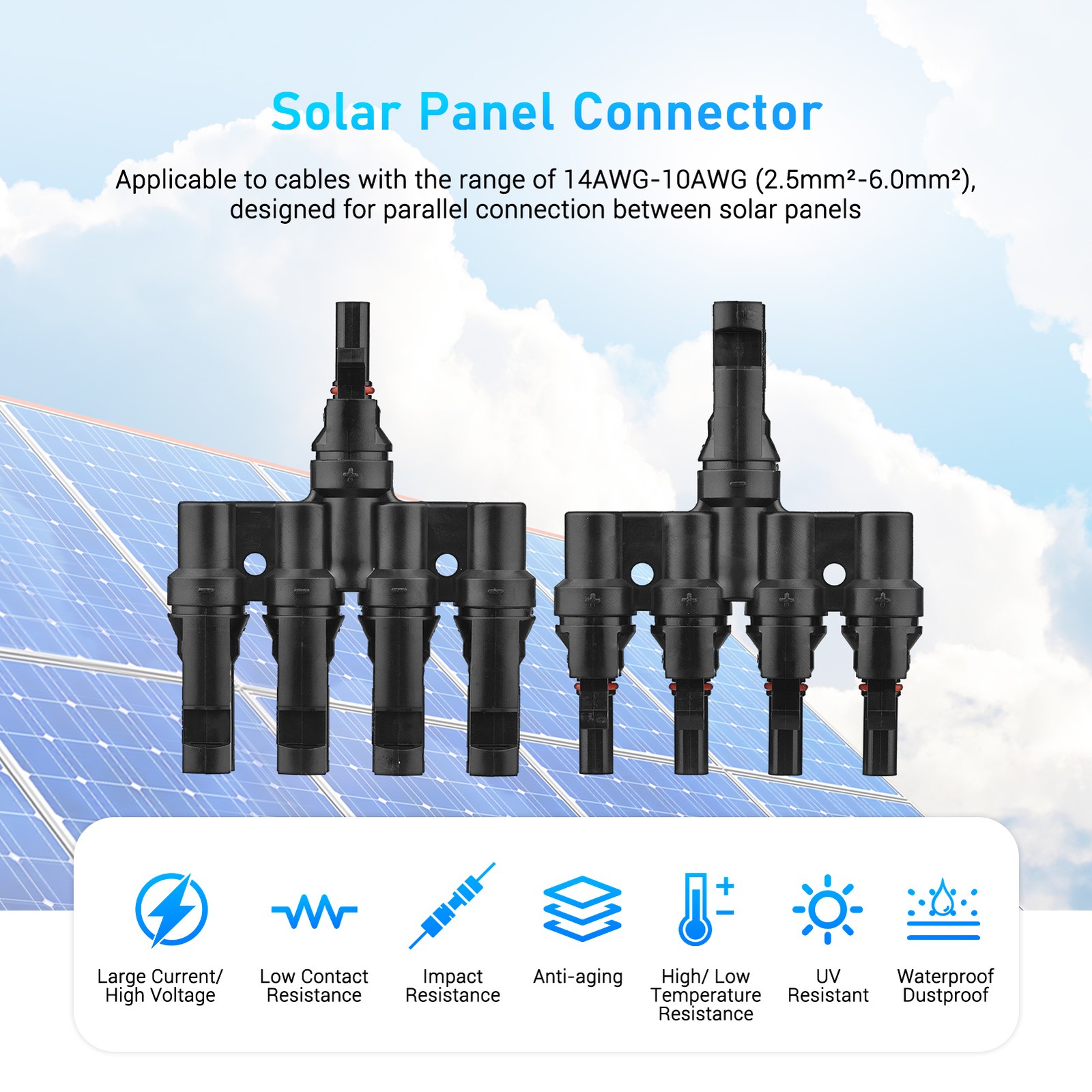 Branch Solar Connector T Connectors 4 Way IP67 Waterproof 14AWG To 10AWG V2