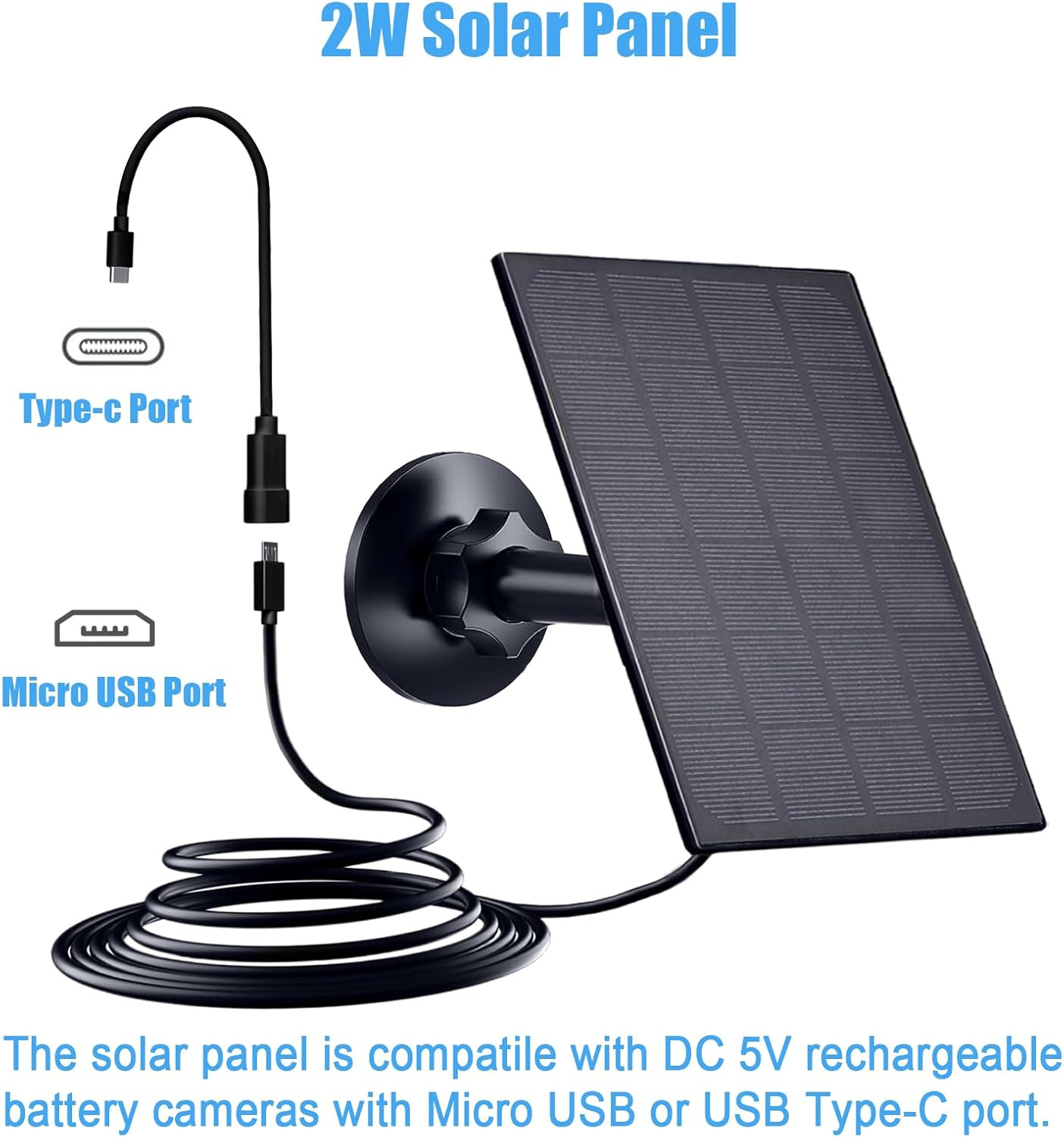 Solar Panel for Security Camera, 2W Solar Charger with Micro USB & USB-C Port fo