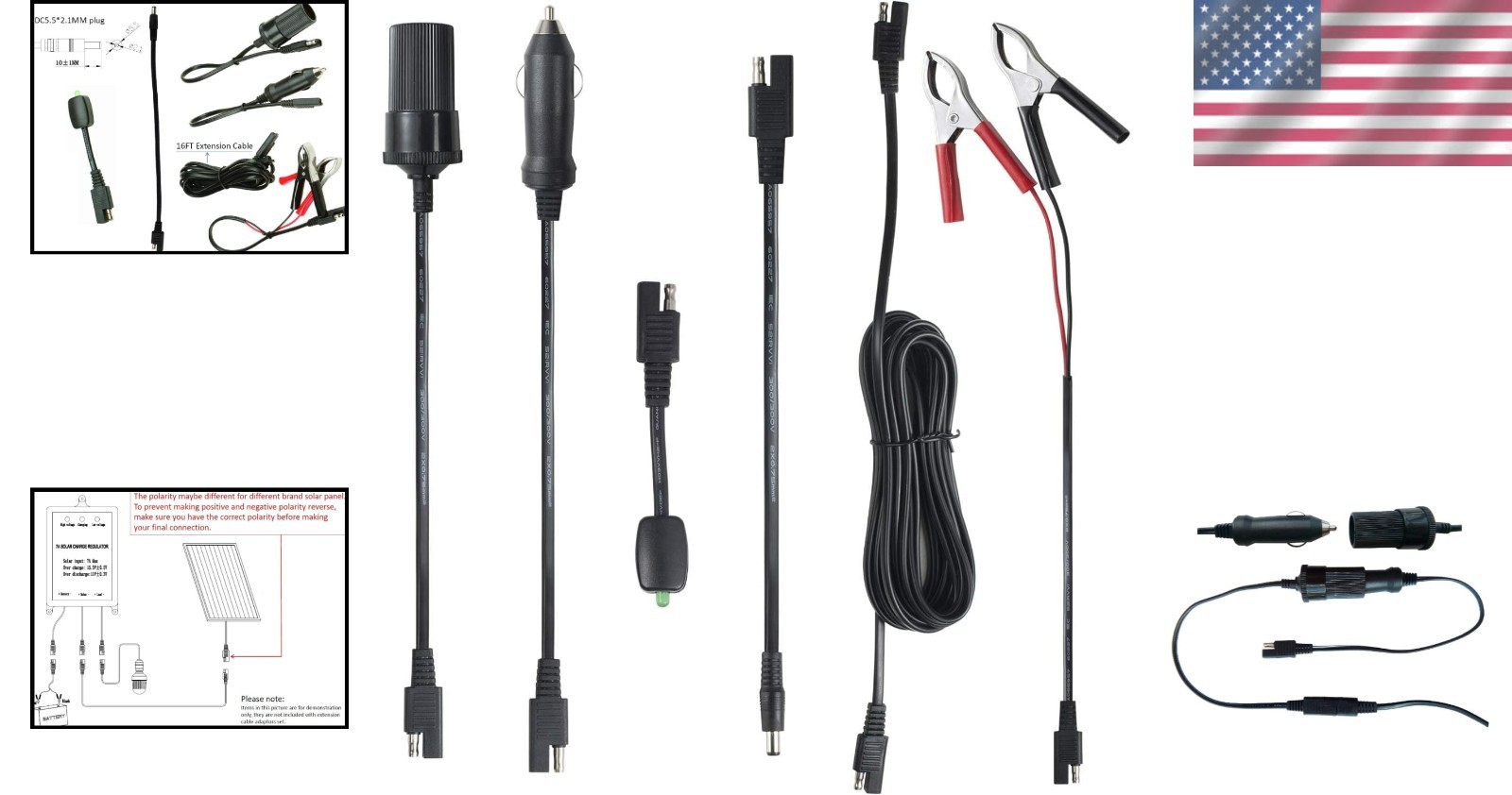 Extendable 16FT SAE Connector Cable with Battery Clamps & Solar Charge Indicator