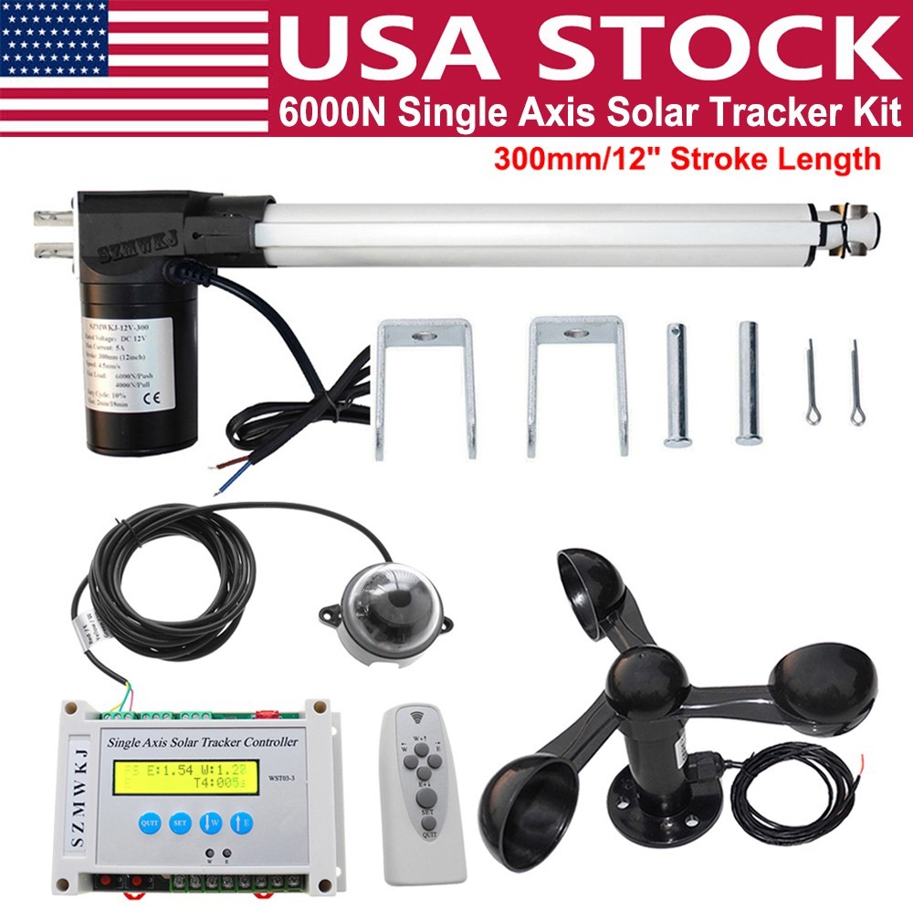 6000N 12V Single Axis Solar Tracker Controller W/ 12″ Linear Actuator Anemometer