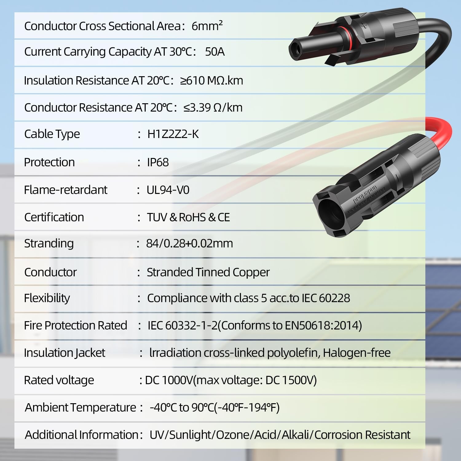 10AWG Solar Panel Wire, 2x50FT 6mm² Solar Extension Cable Red Black 84 Stran…