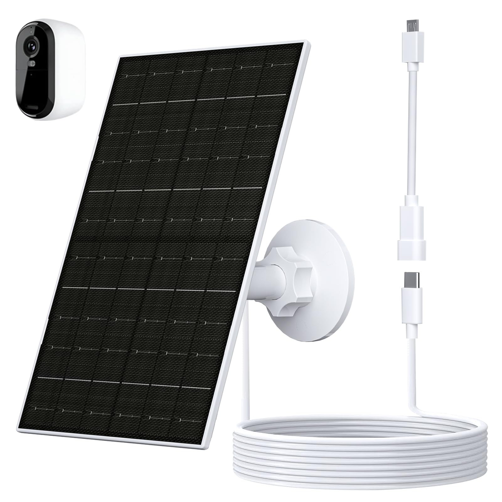7W Solar Panel for 2K Cameras, USB-C Charger, IP66 Waterproof, 360° Mount, 9.8ft