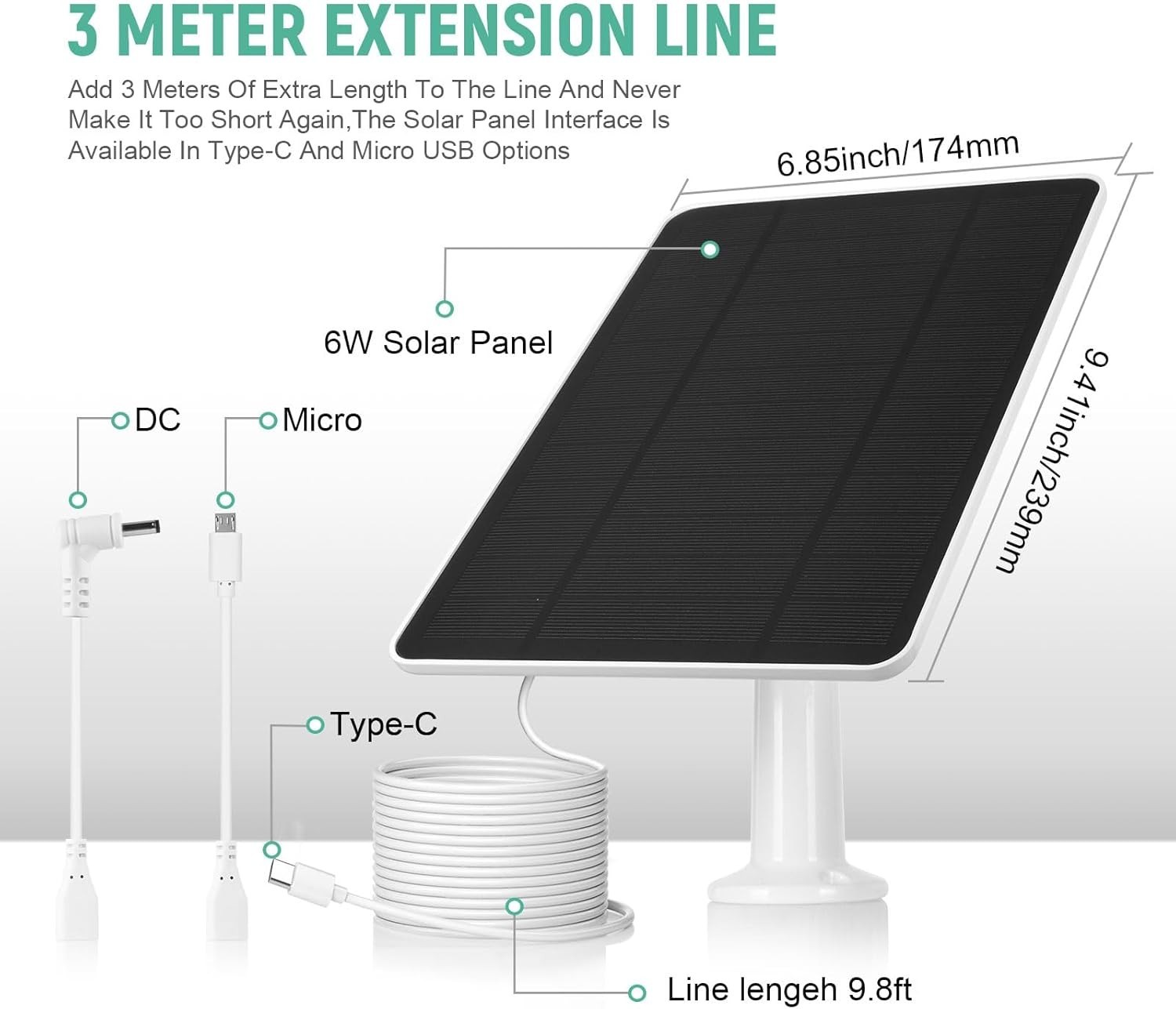 USB Solar Panel for Ring Camera – Type-C Solar Panel Charger 5V 6W with 10Ft Wat