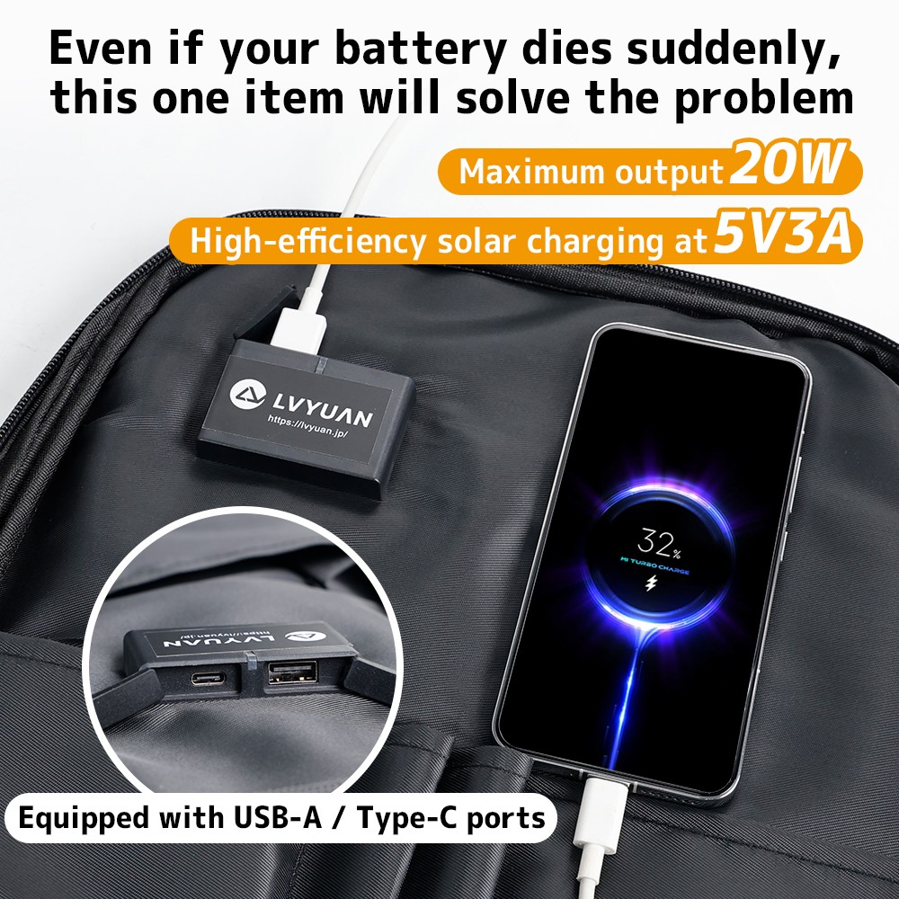 20W Solar Backpack HPBC USB 5V 3A 75% Charged Storage Bag Power for Hiking Trip