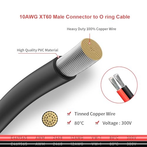 XT60 to O Ring Terminal Cable Connector Cable 2FT 10AWG XT60 Male to O Ring