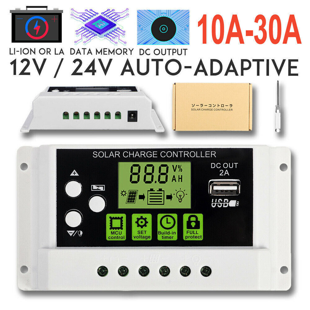 PWM Solar Charge Controller 12V/24V Auto-Adaptive Regulator Data Records LCD USB