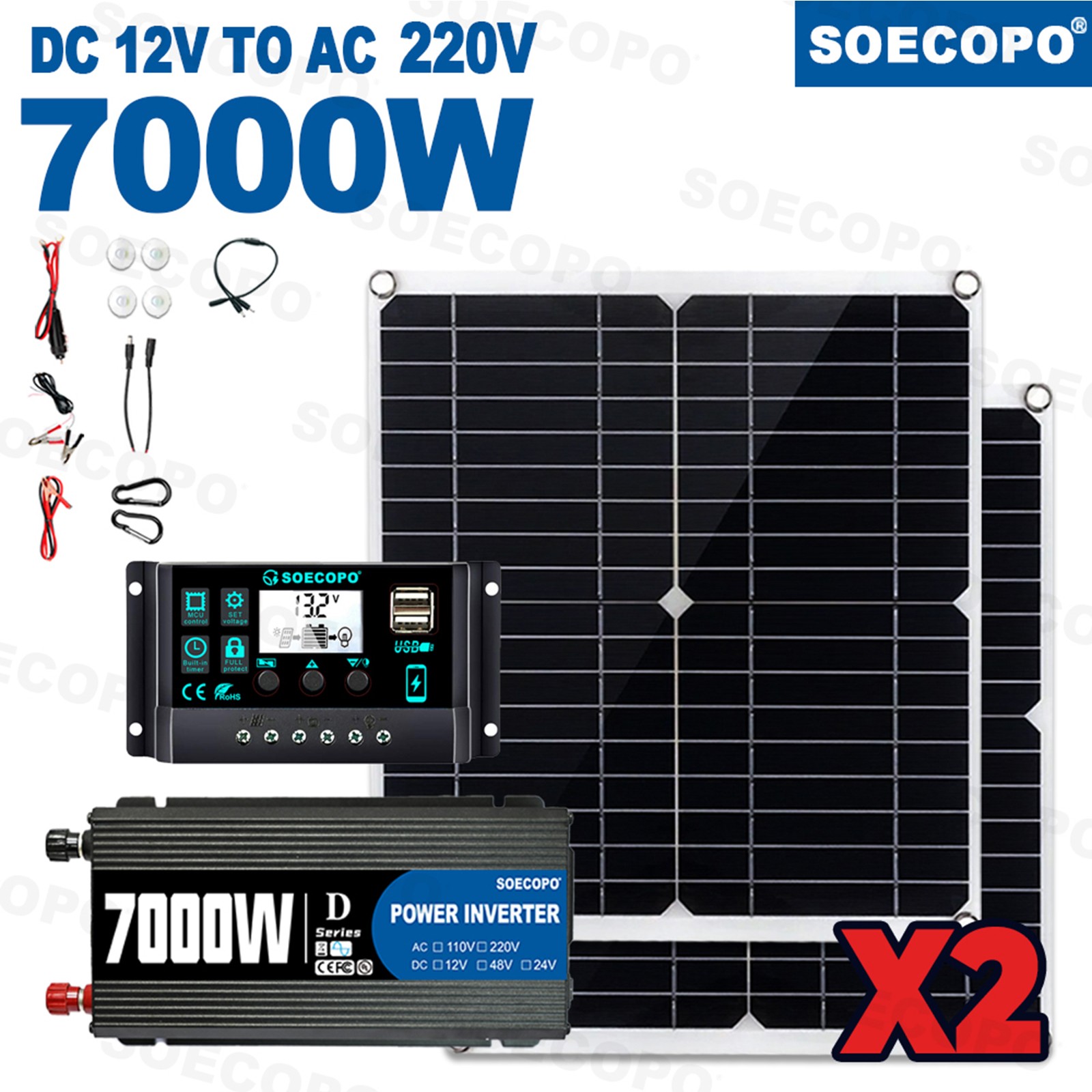 Complete 7000W Off-Grid Solar Kit 7000W Inverter 2pcs 300W Solar Panels 110V/2ta