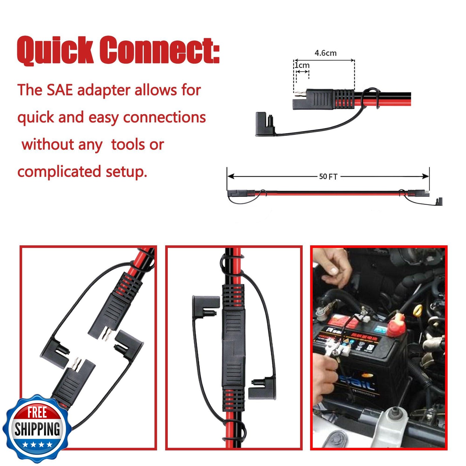 Magiktech 50 FT SAE to SAE Extension Cable 12AWG,12 Gauge SAE Adapter Cable,S
