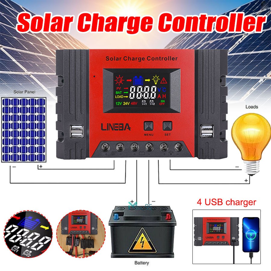 5200W 100A Solar Charge Controller 12V/24V/48V 4USB Battery PV Regulator 3-STAGE