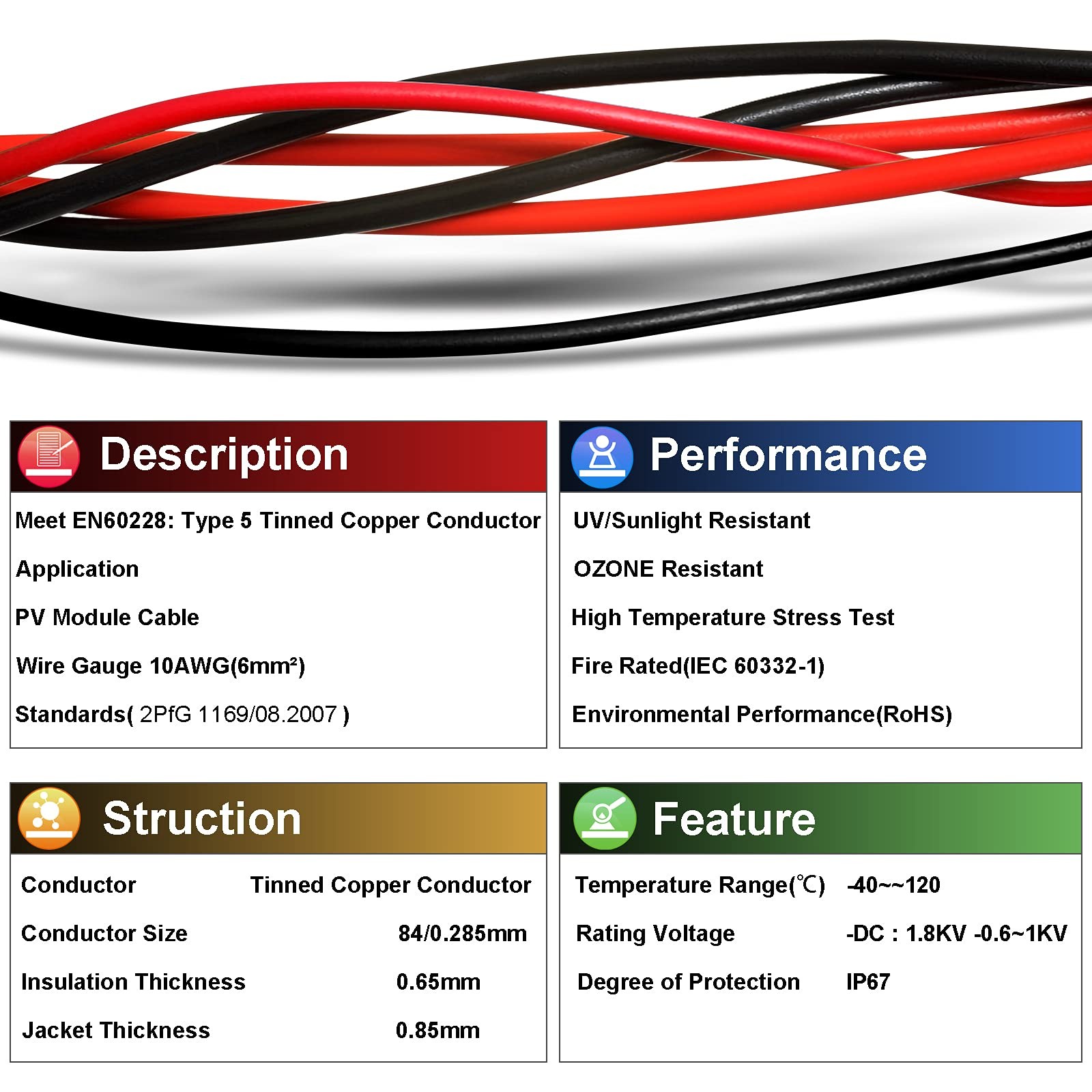 10 Gauge Wire – Solar Panel Wire 30Ft Black 30Ft Red 10AWG6mm² Tinned Copper…