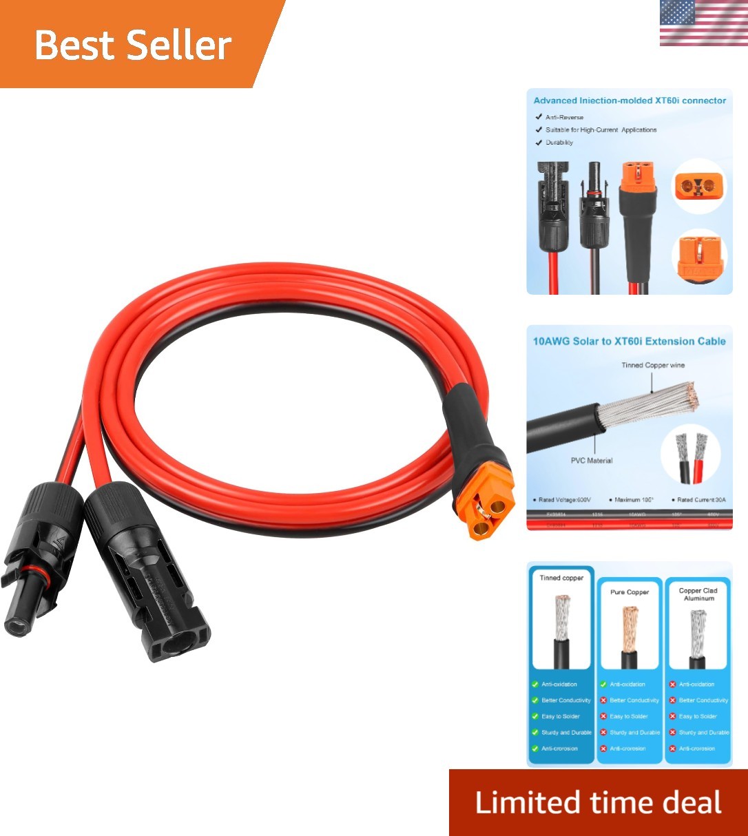 Plug-and-Play 10AWG Extension Cable with XT60i Connector – 3FT for Solar Setup