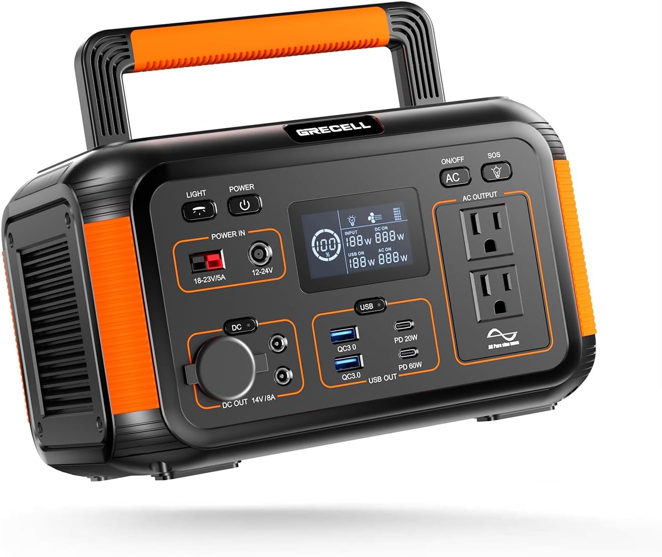 GRECELL 444Wh Solar Generator 500W Peak 110V Pure Sine Outlet