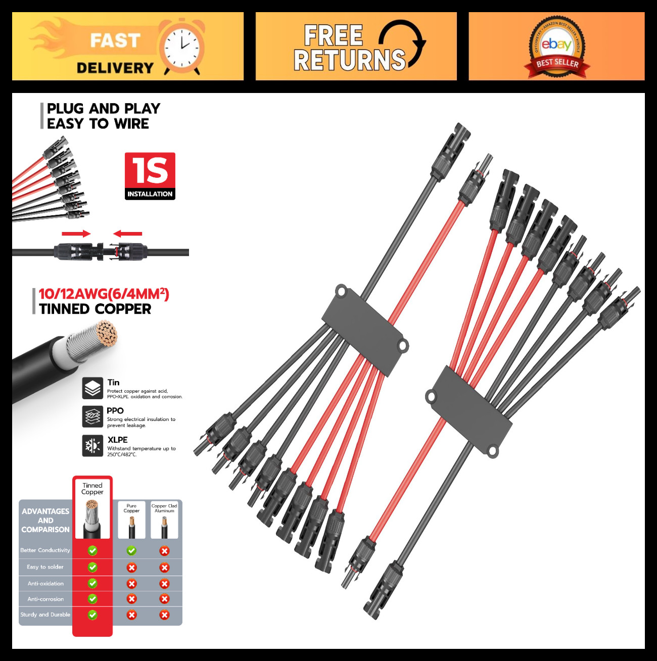 Solar Connectors Y Branch 2 to 8, Parallel Connectors for 2-4 Panels, 10AWG Adap