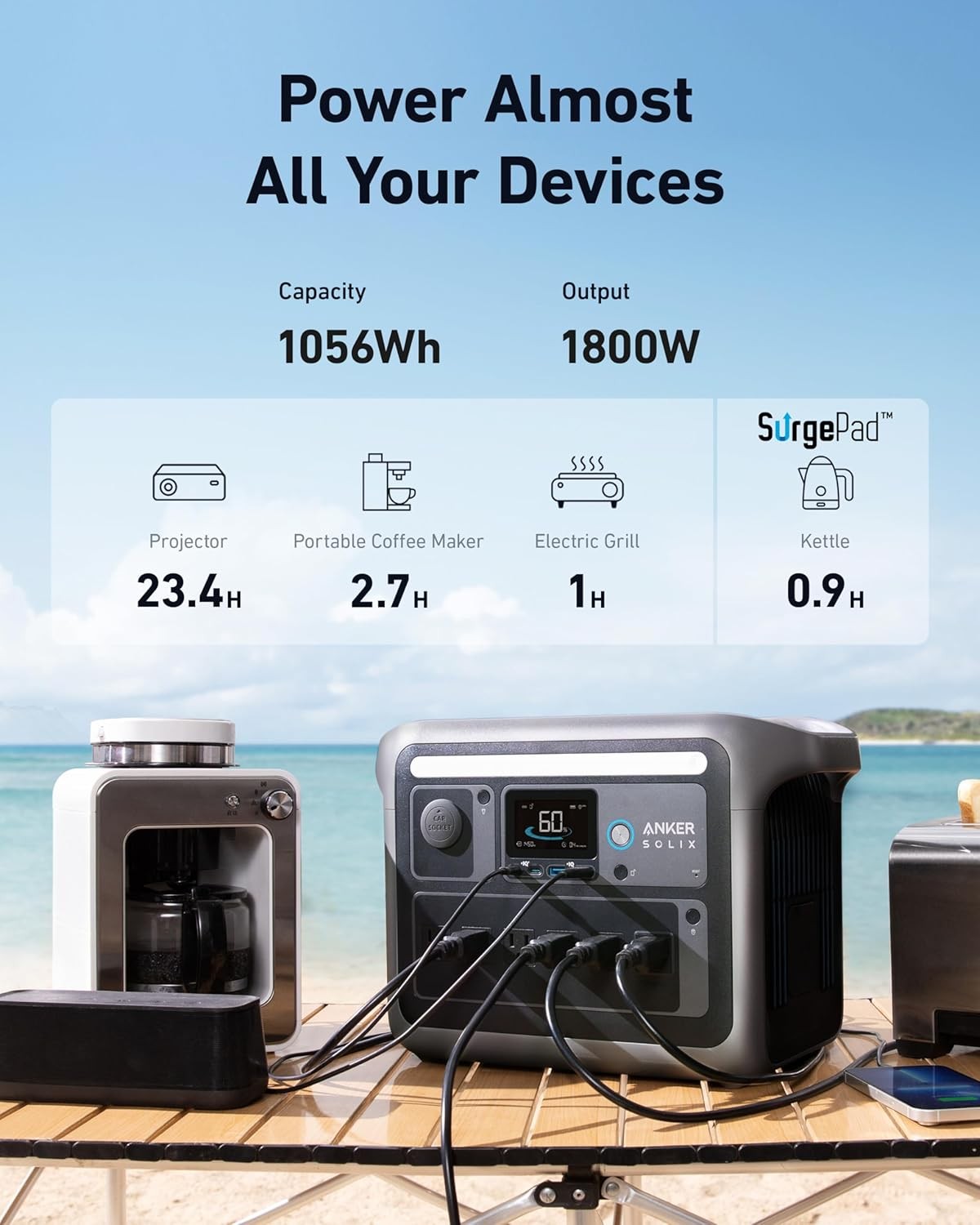 C1000 Portable Power, 1800W (Peak 2400W) Solar Generator, Full Charge in 58 Min