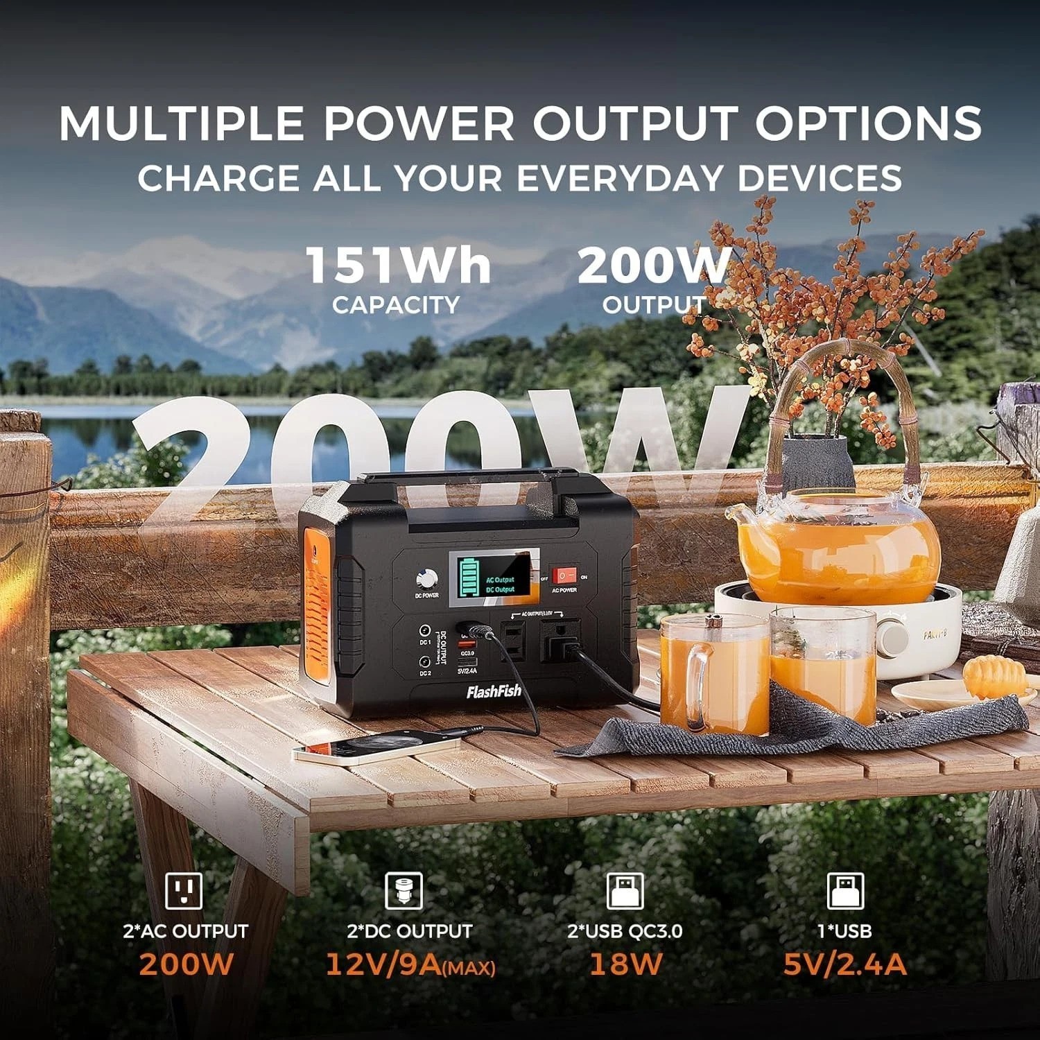 Flashfish Portable Power Station 151Wh | 200W AC Outlet | Solar Generator Backup