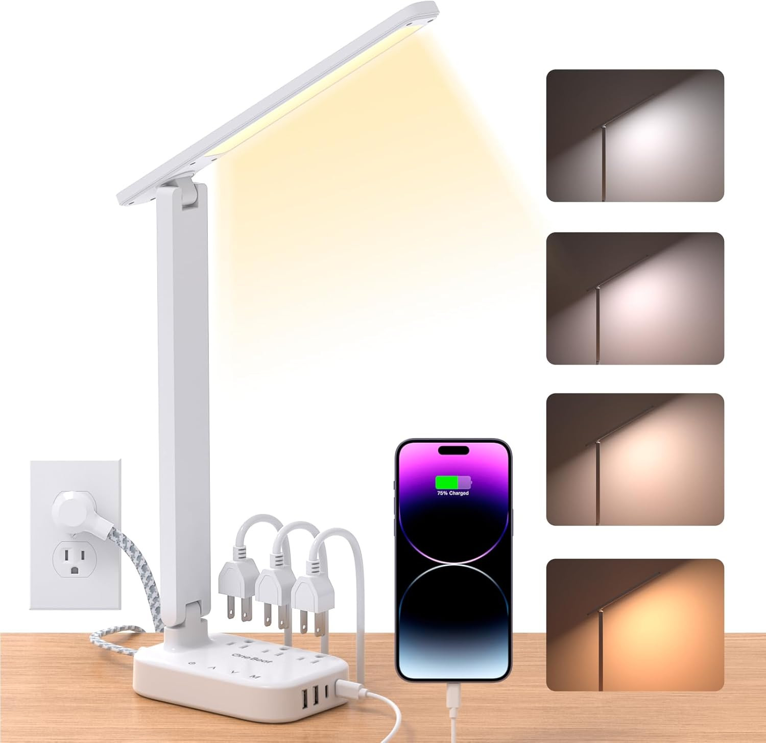 One Beat Small LED Desk Lamp Power Strip 5Ft Extension Cord with 3 Outlets 4 USB