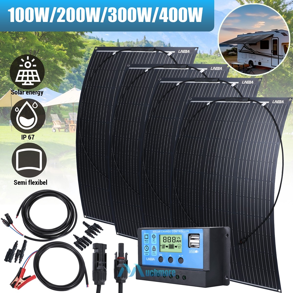 200W 400W Mono Flexible Solar Panel Kit + 30A Controller for RV Car Home Rooftop