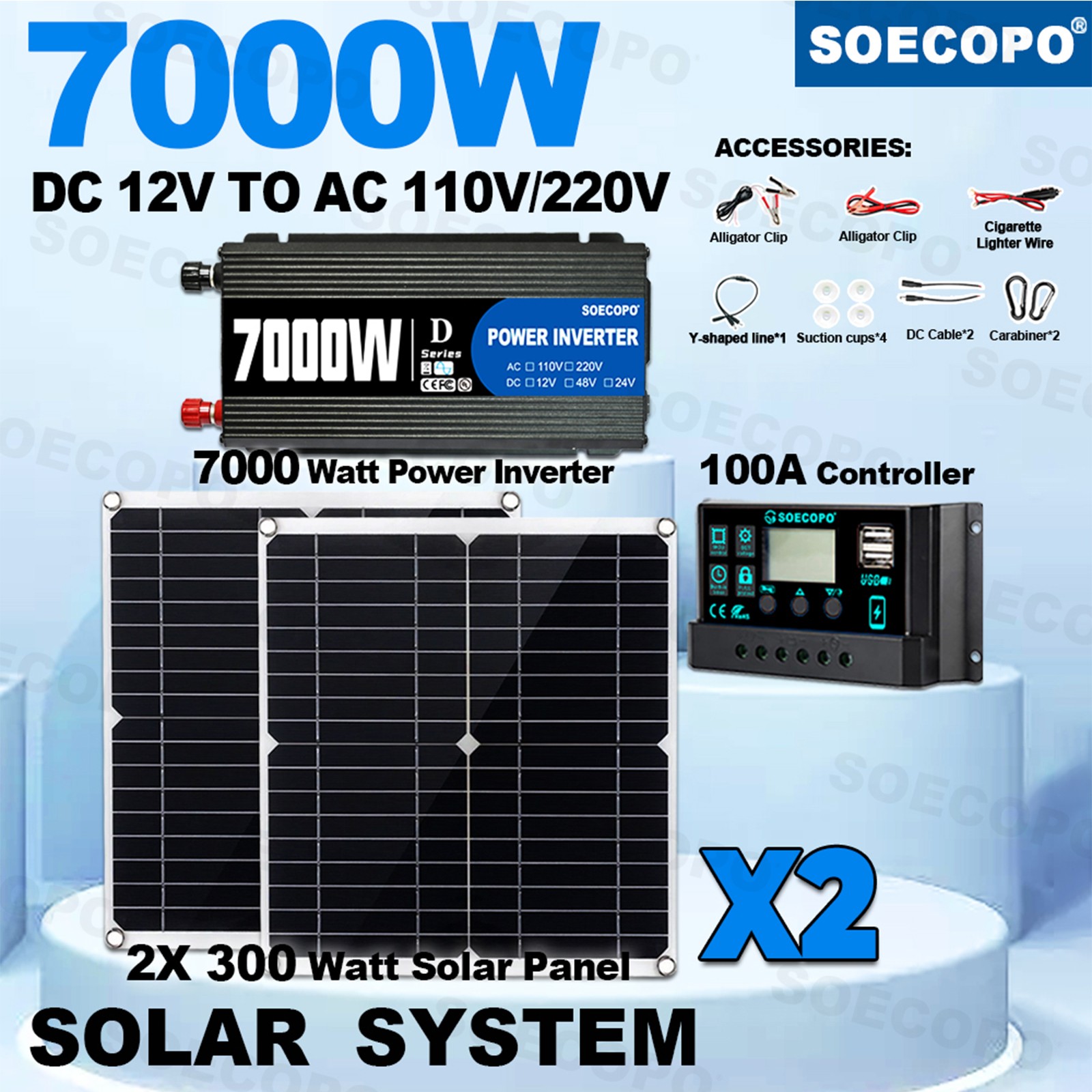 7000W Off-Grid Solar Kit 7000W Inverter 2pcs 300W Solar Panels 12V to 110V
