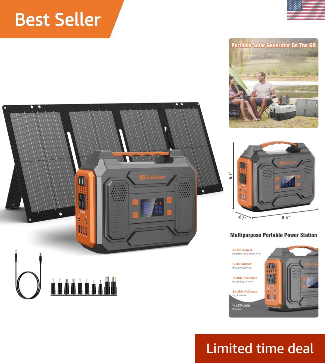 Ultimate 300W Portable Power Station with Foldable 60W Solar Panel & USB Outlets