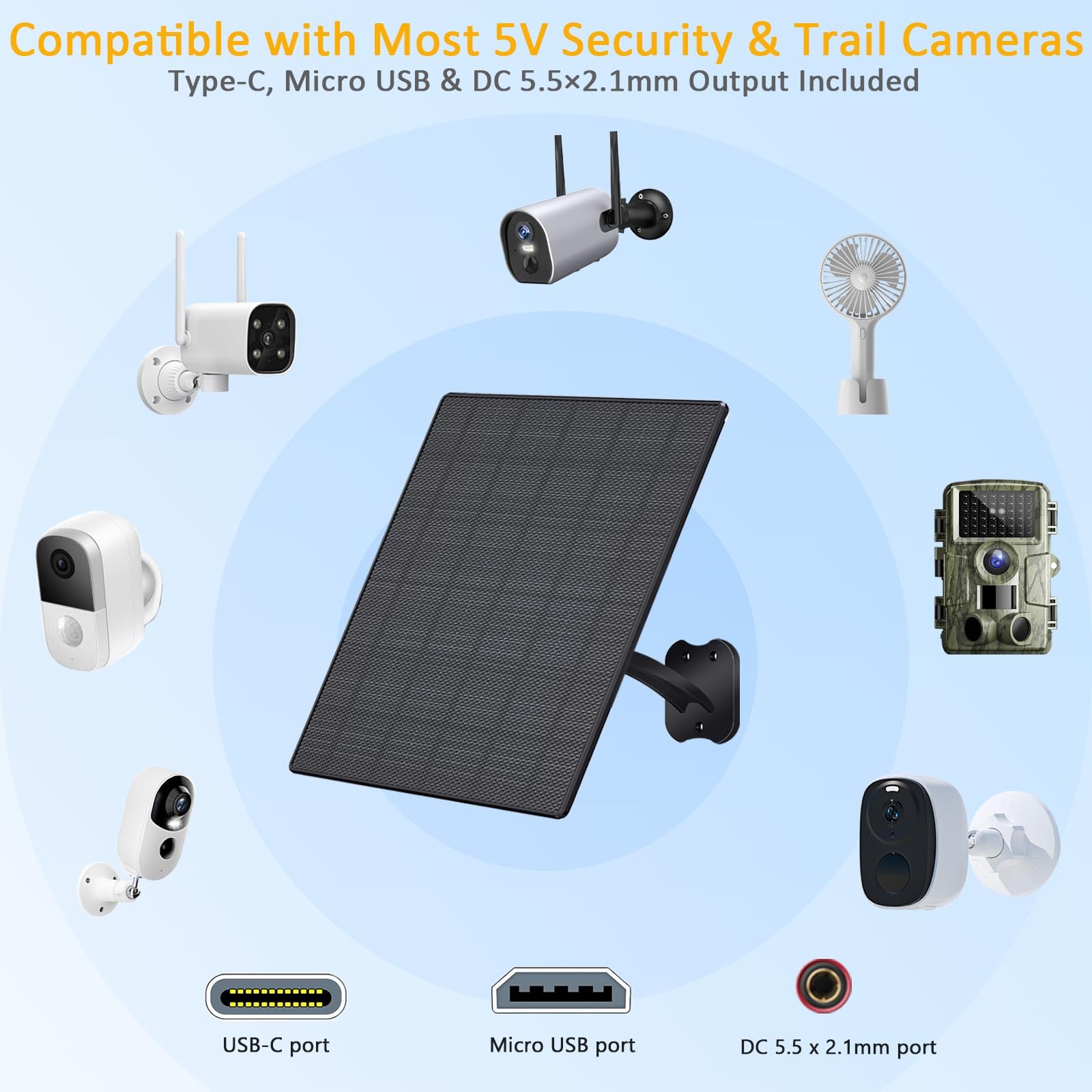 Zivif 10W Solar Panel for Security Cameras, 5V Solar Charger with USB-C/Micro…
