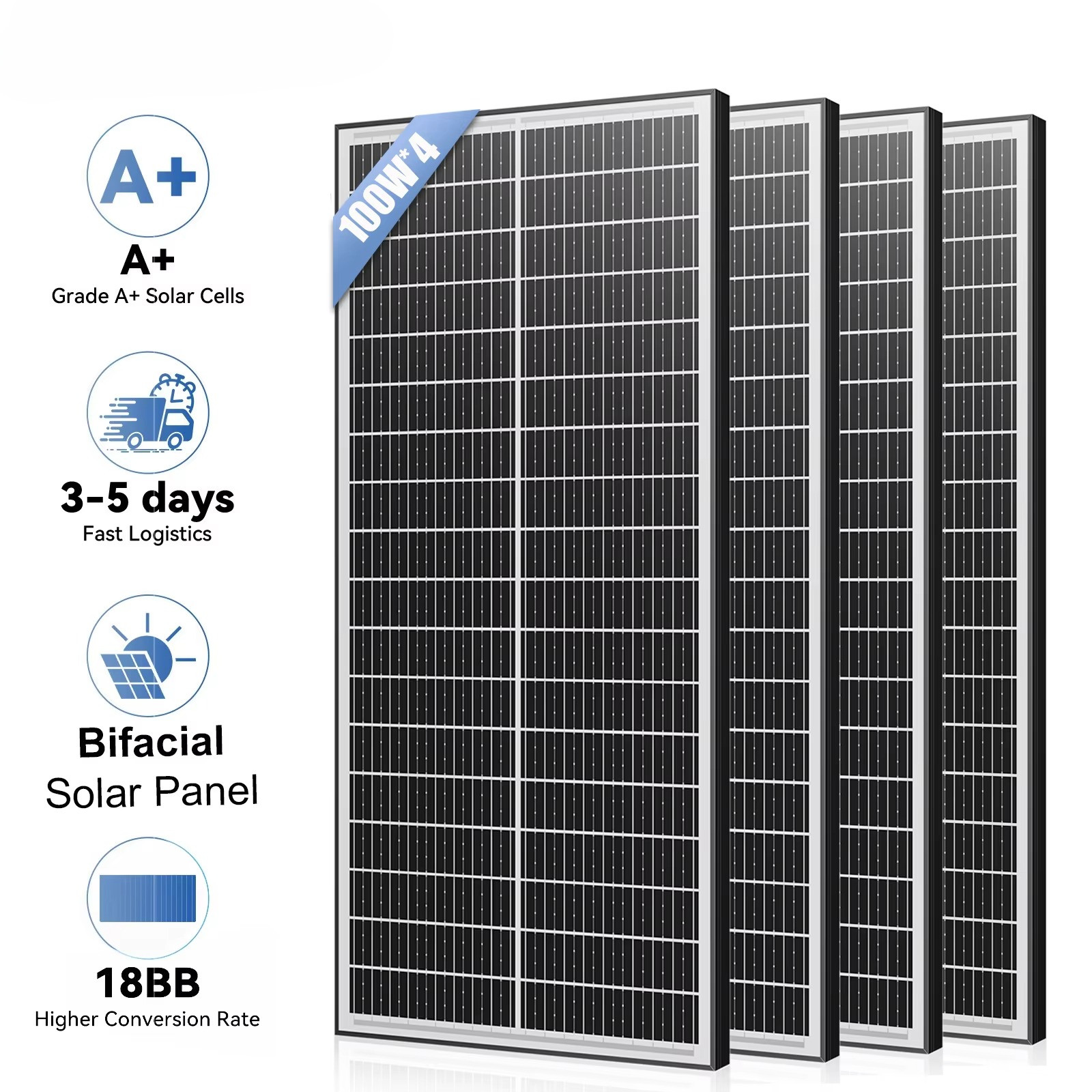 Double Sided Monocrystalline Solar Panels 400w 200w 100w 12V 18BB Cells
