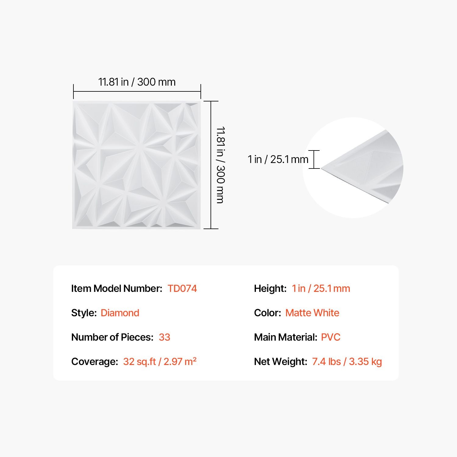 33 Pack 3D Diamond Wall Panels, 11.81 x 11.81 in PVC, 32 Sq Ft, Matte White for