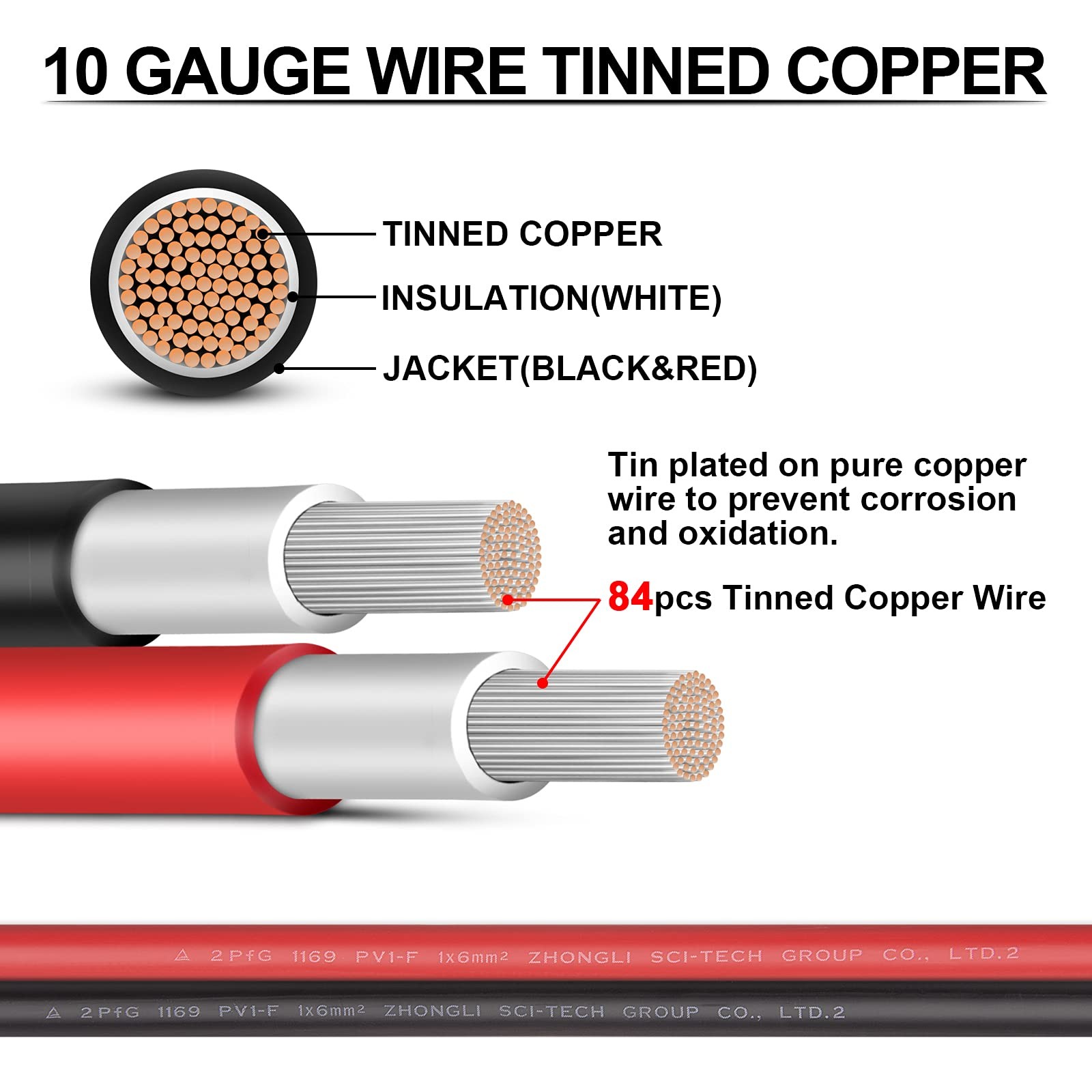 10 Gauge Wire – Solar Panel Wire 30Ft Black 30Ft Red 10AWG6mm² Tinned Copper…