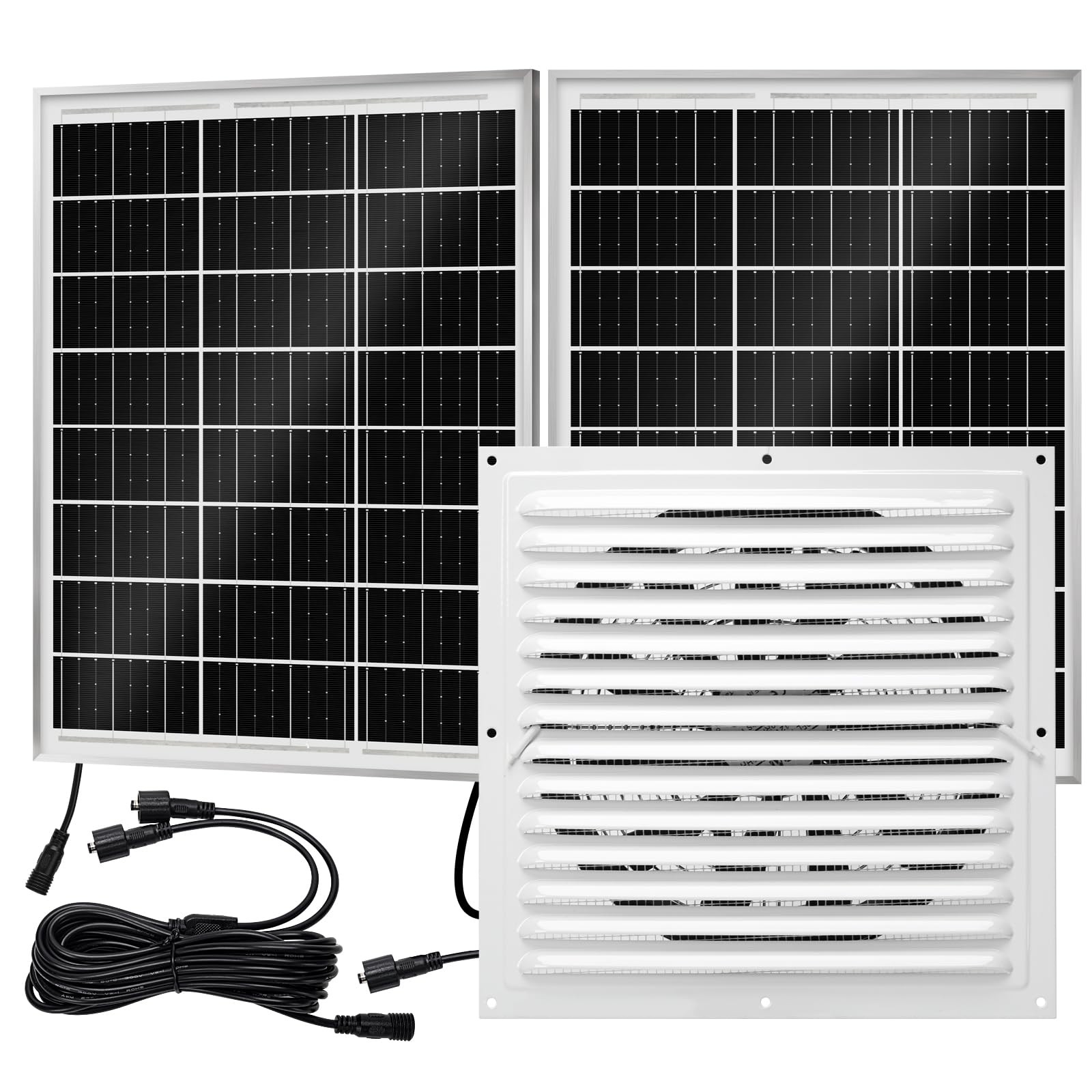 Solar Attic Fan Kit, 2pcs 20W Solar Panels + 25W DC Fan (Up to 1200RPM), Plug…