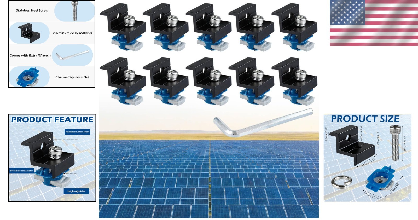 10pcs Solar Panel End Clamp for Standard Unistrut, Aluminum 30mm/35mm Solar P…