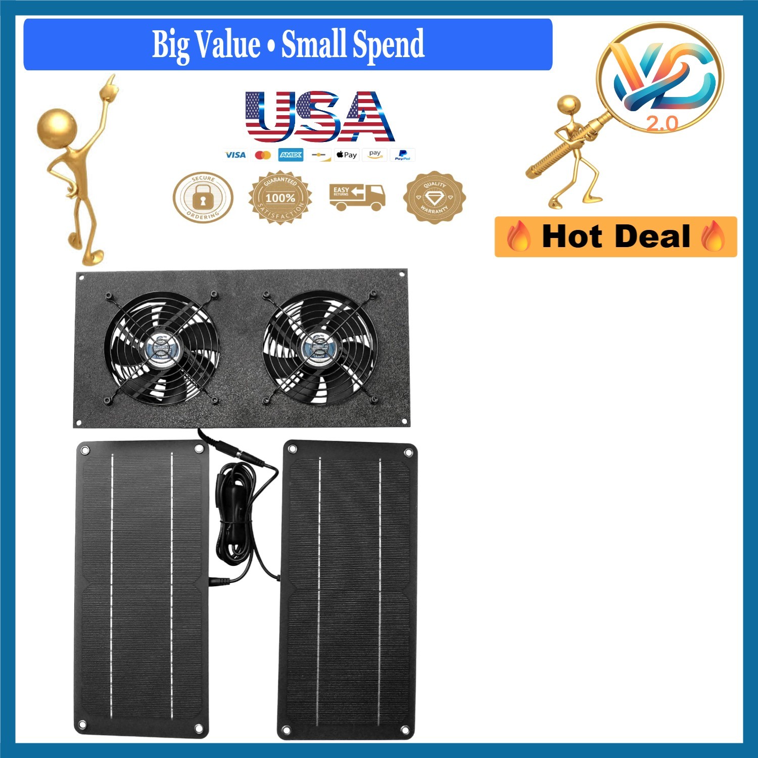 10W Solar Powered Dual Fan Kit for Chicken Coops Greenhouses Sheds Black