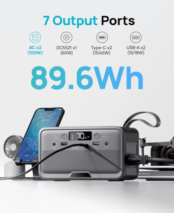 Estación de Energía Portátil LiFePO4 89,6Wh, 100W/200W Pico, AC, PD y Solar