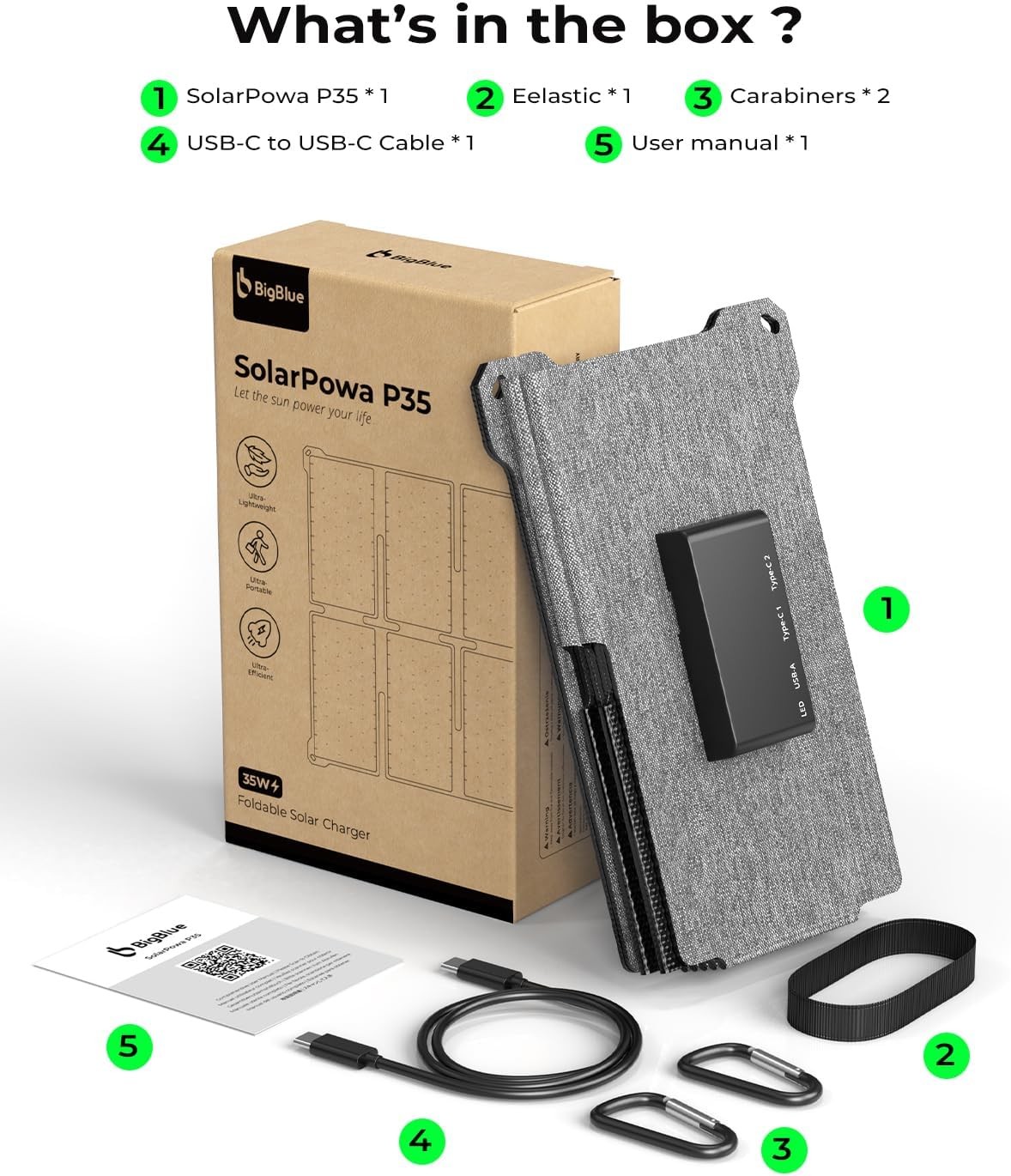 Portable 35W Solar Panel Charger with Fast Charging USB-A and PD 25W USB-C for C