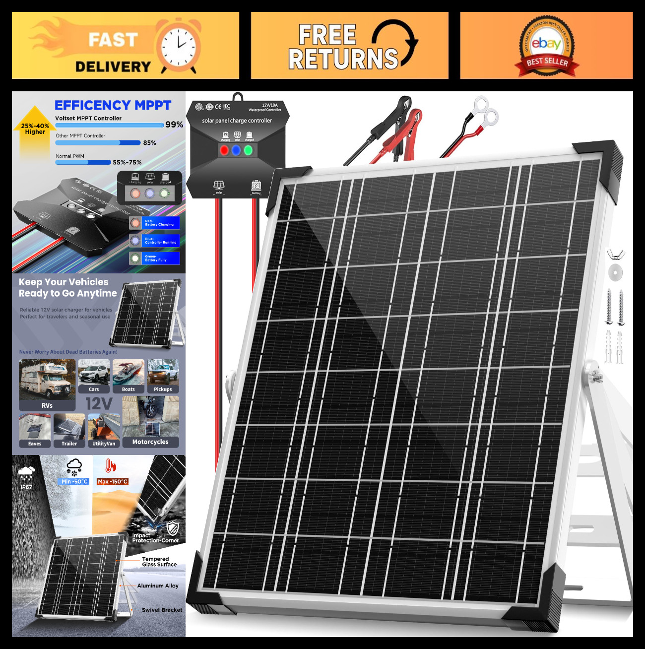 20W 12V Solar Battery Charger Kit – Waterproof Panel with Smart MPPT Controller