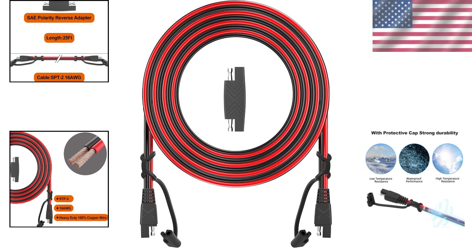 16AWG SAE Extension Cable 12FT – Quick Disconnect with Protection Cap for Safety