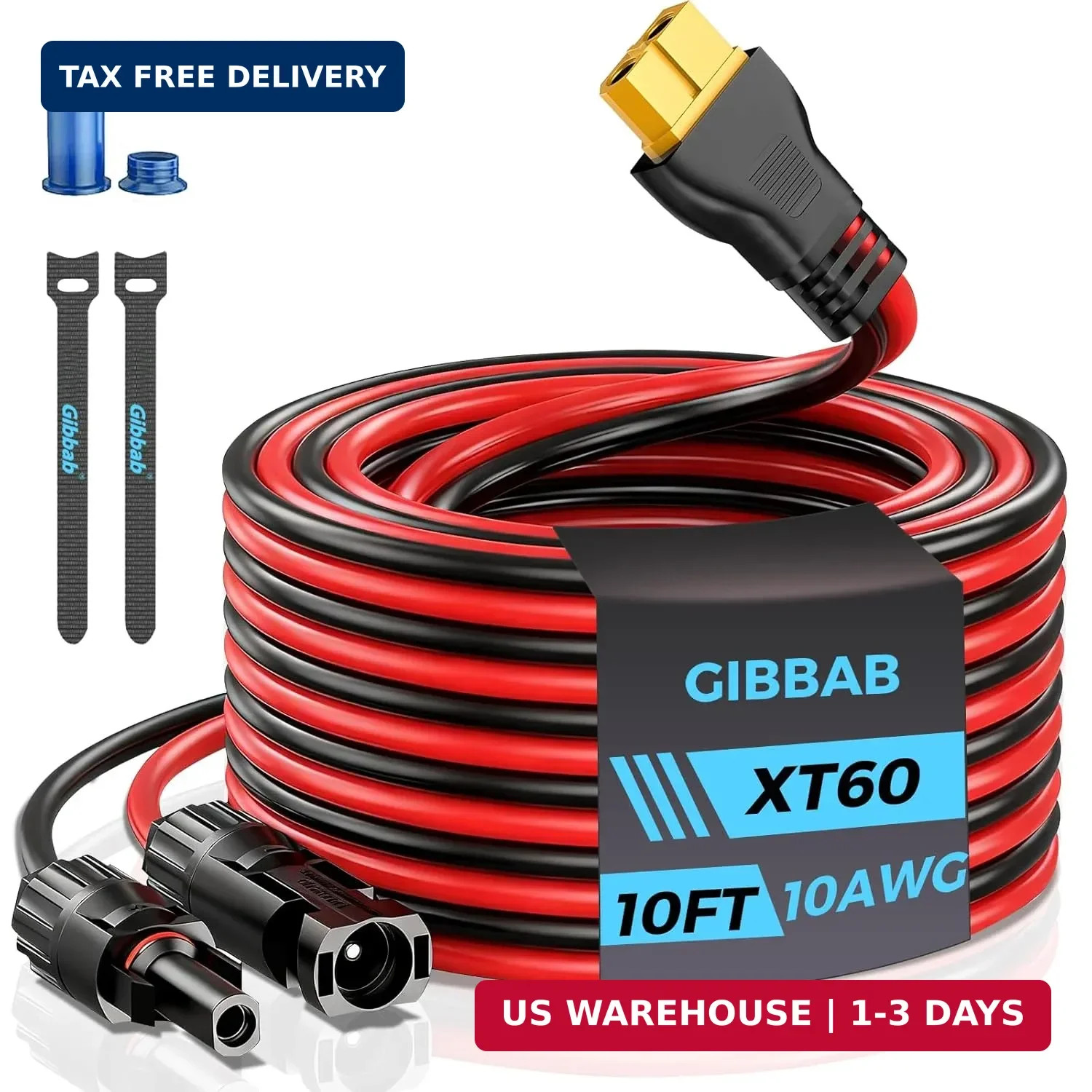 10FT 10AWG XT60 Solar Charging Cable, GIBBAB Solar Panel Connector to XT60 Exten