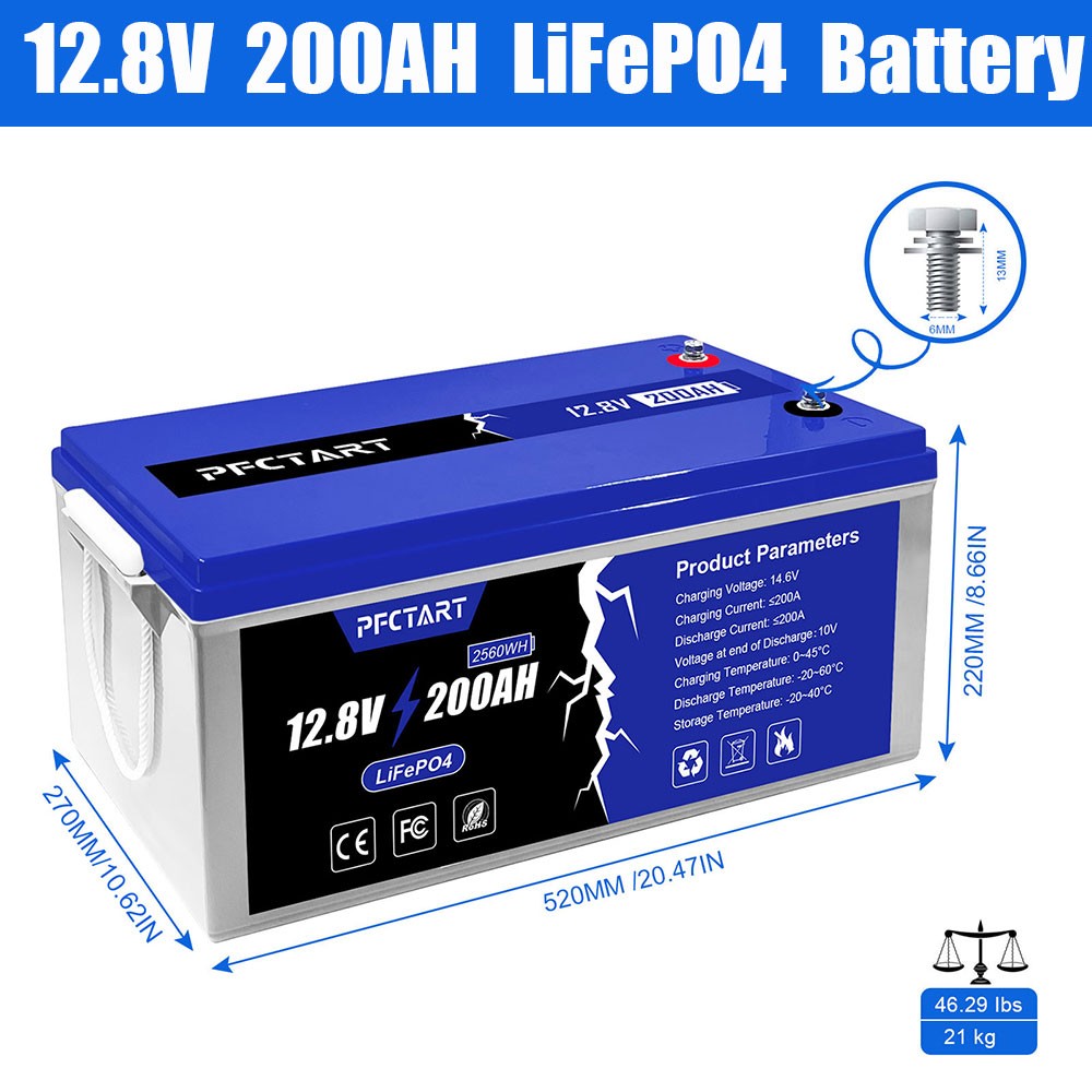 PFCTART 12.8V 200AH LiFePO4 Deep Cycle Lithium Battery for RV Camping Off-Grid