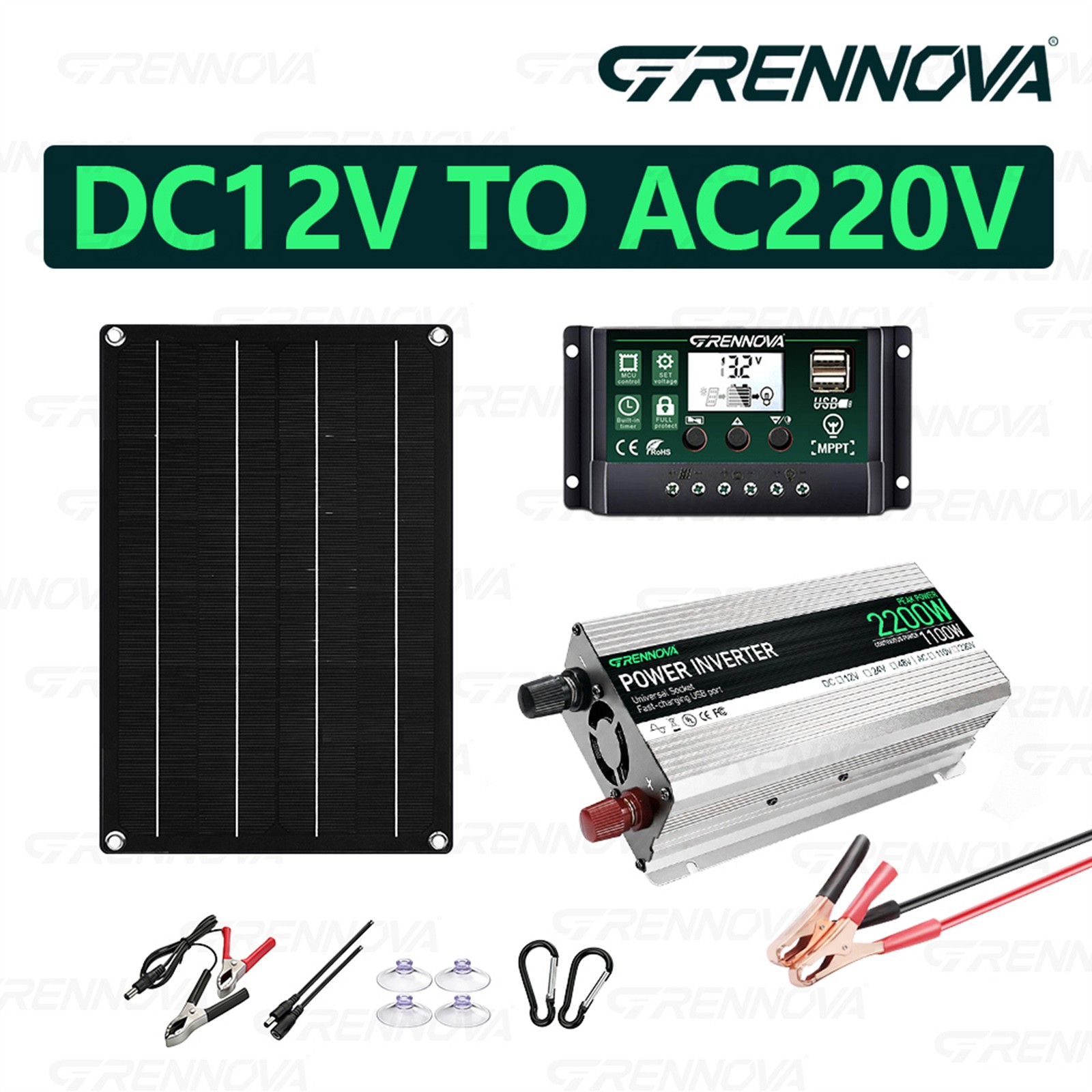 Grennova 2200W Off-Grid Solar Kit 50W Panel 60A MPPT Dual Voltage Inverter Home