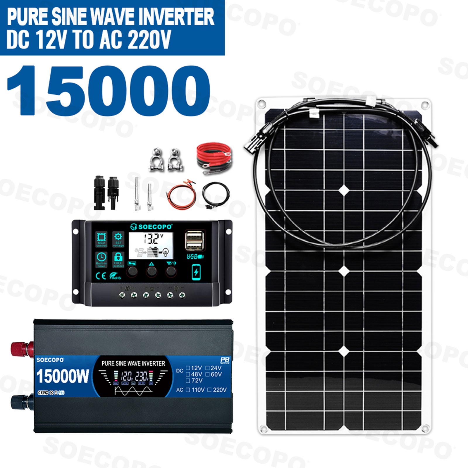 15000W Solar System Kit Flexible Panel 12V To 110V 220V for Camp Home ChargerBQ