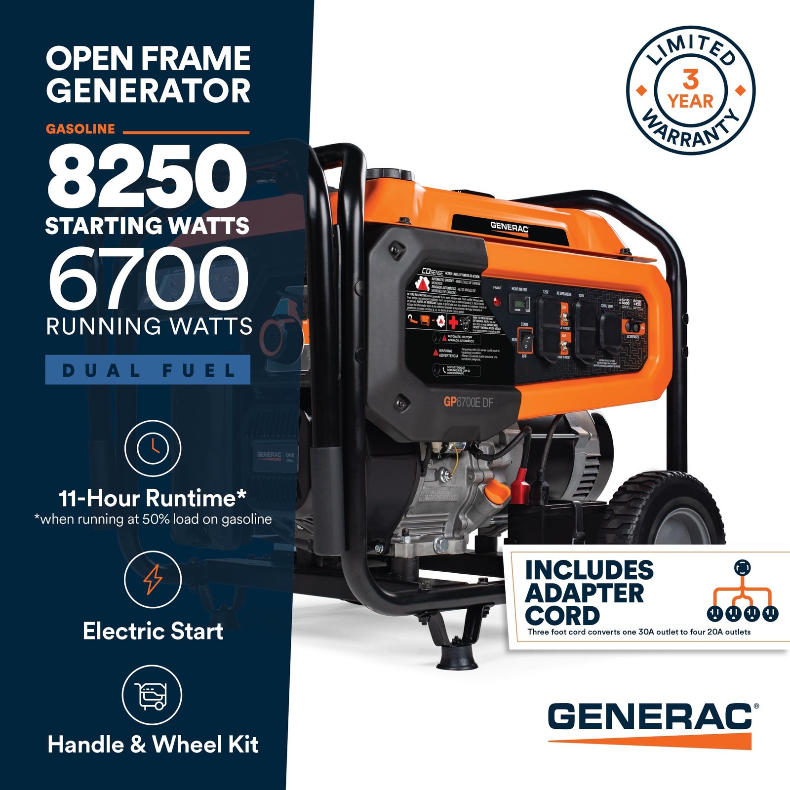 Generac Dual Fuel Portable Gas Generator, 8,250 Starting Watts, Electric Star…
