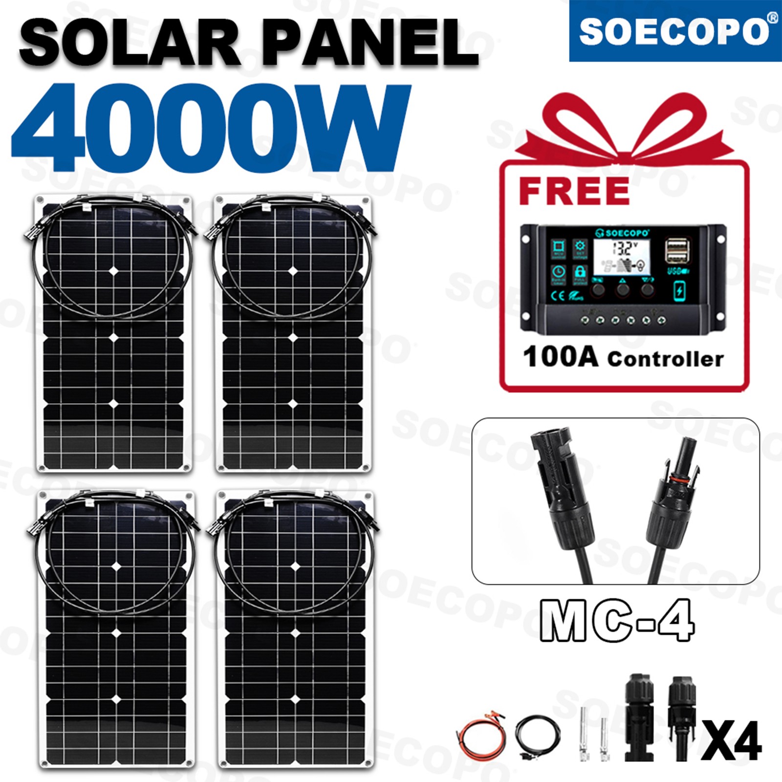 4 x 40W High-Efficiency PV Panels + 30A-100A Intelligent Controller for RV/Home