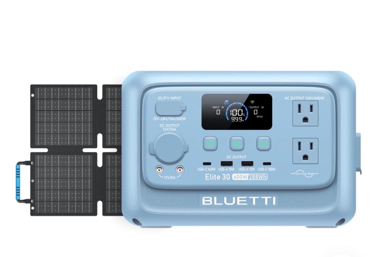 bluetti elite blue 30 v2 portable power station 600W 288Wh + 60W solar panel